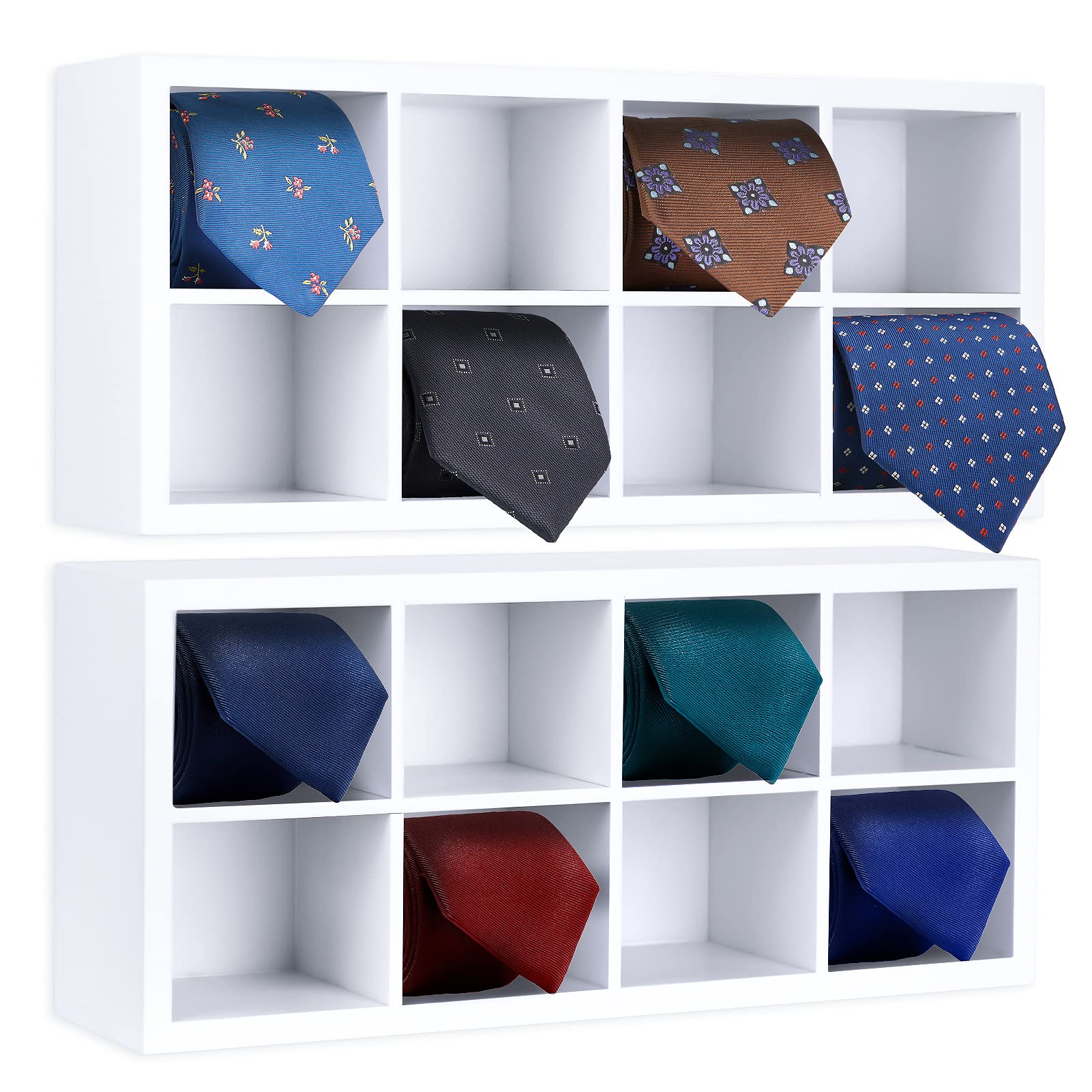 Bamboo Tie Rack Organizer - 2 Pack Wall Mounted or Drawer Storage Box with 16 Compartments for Ties, Belts, Socks & Underwear - Perfect for Closet, Bedroom & Dressing Room Organization - Space Saving Solution for Men's Accessories