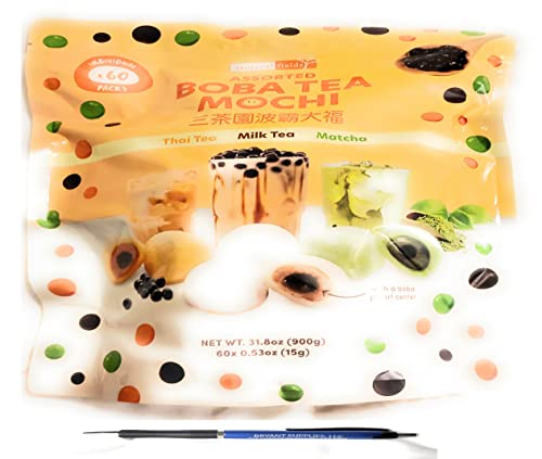 Premium Boba Milk Tea Mochi - 60 Count Assorted Flavors (Thai Tea, Milk Tea, Matcha) | Custom Bryant Supplies LLC Pen Included | Perfect for Parties, Gifts & Asian Dessert Lovers