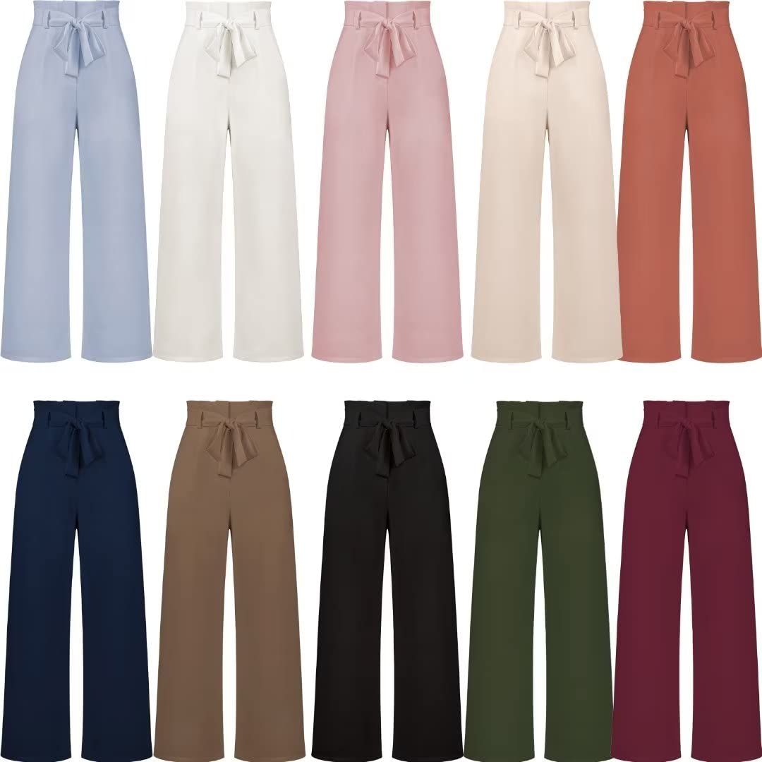 Women's Dress Pants - Wide Leg Smocked Waist Trousers with Adjustable Belt | Loose Straight Leg Flattering Pants for Office, Business Casual & Formal Occasions