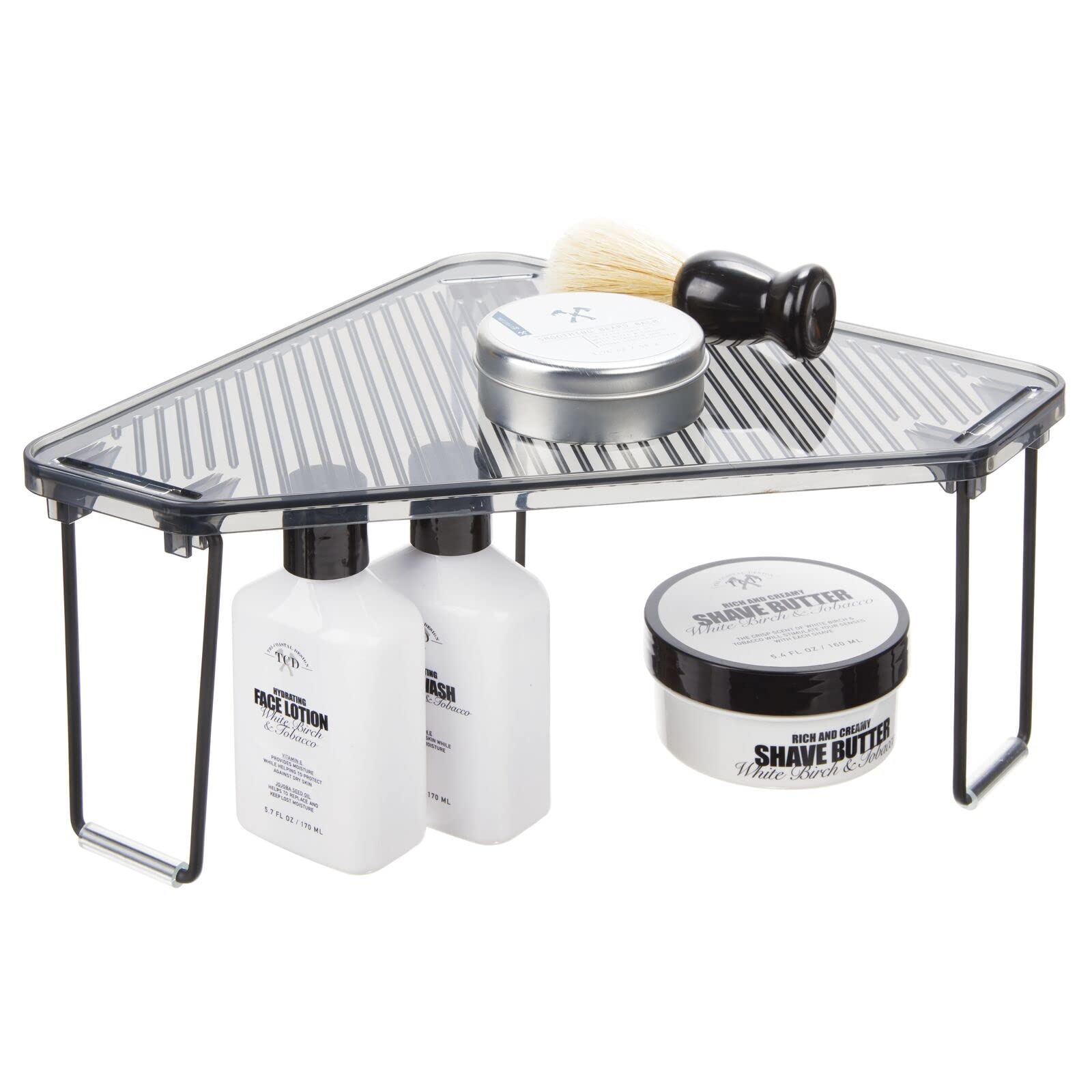 mDesign Plastic/Steel Corner Stackable Shelf Organizer - 2 Pack Black/Smoke Gray - Bathroom Vanity Storage for Makeup, Shower Accessories - Perfect for Small Spaces Under Sink, Cabinet & Countertop Organization