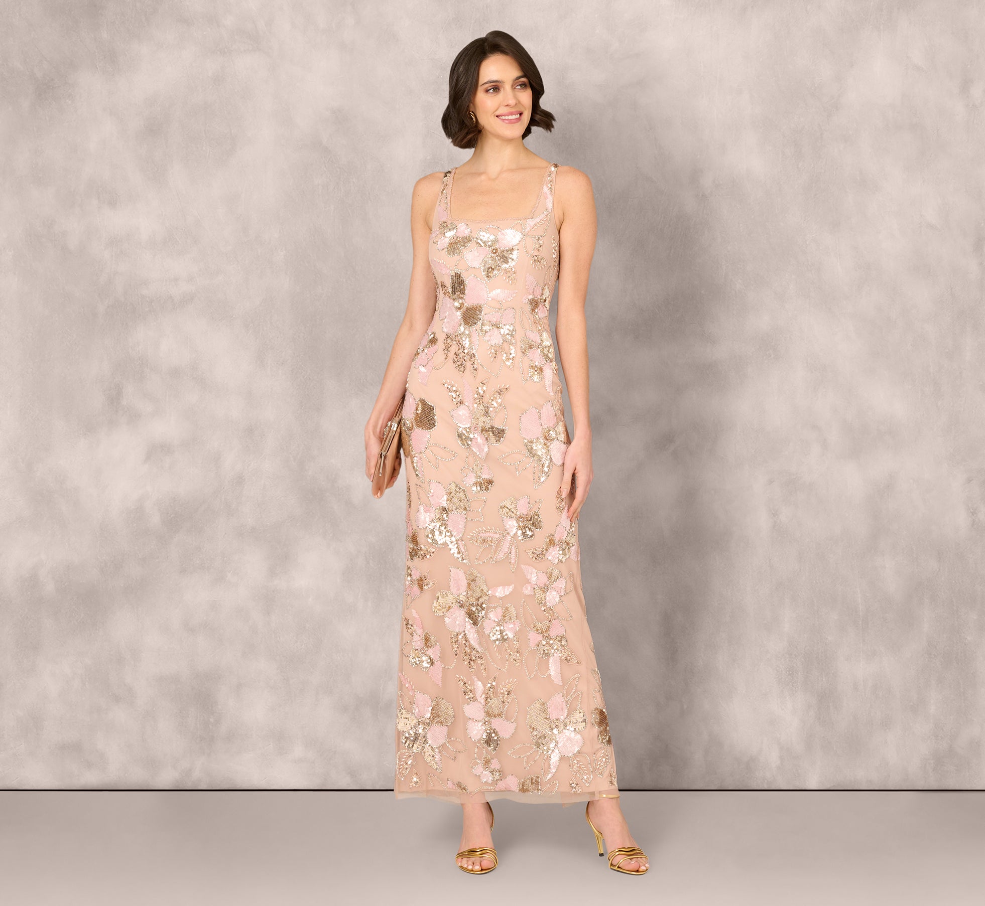 Elegant Pink Sleeveless Square Neck Floral Beaded Column Gown for Evening Gala, Prom, Wedding Guest & Special Occasions