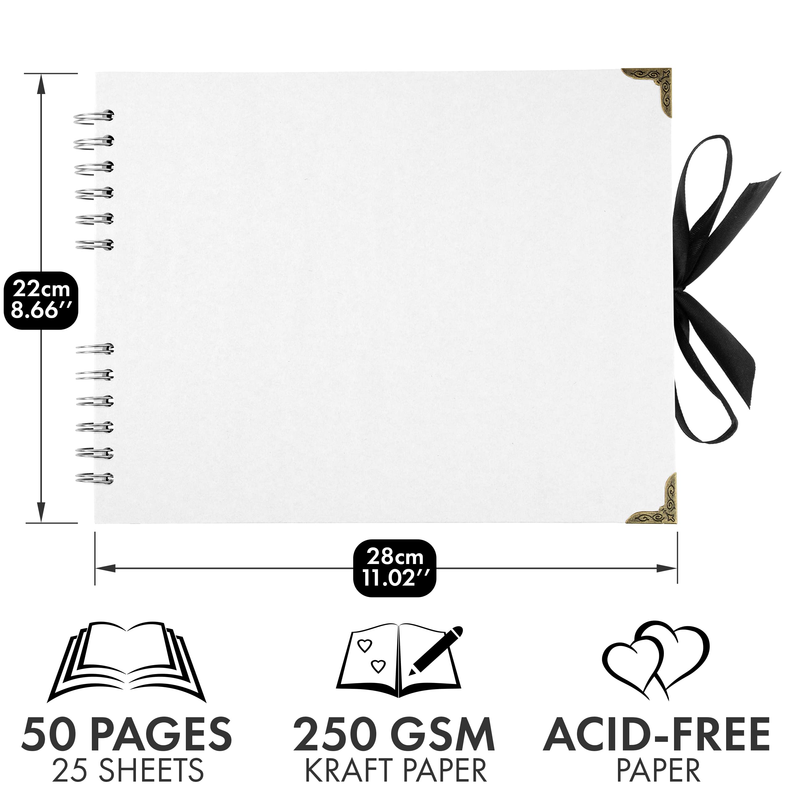 Bstorify Square Scrapbook Photo Album - 50 Pages (11x8.5 Inches) White Thick Paper, Hardcover with Metal Corners & Ribbon Closure - Perfect for Wedding Memories, Baby Books, Travel Journals & DIY Craft Projects