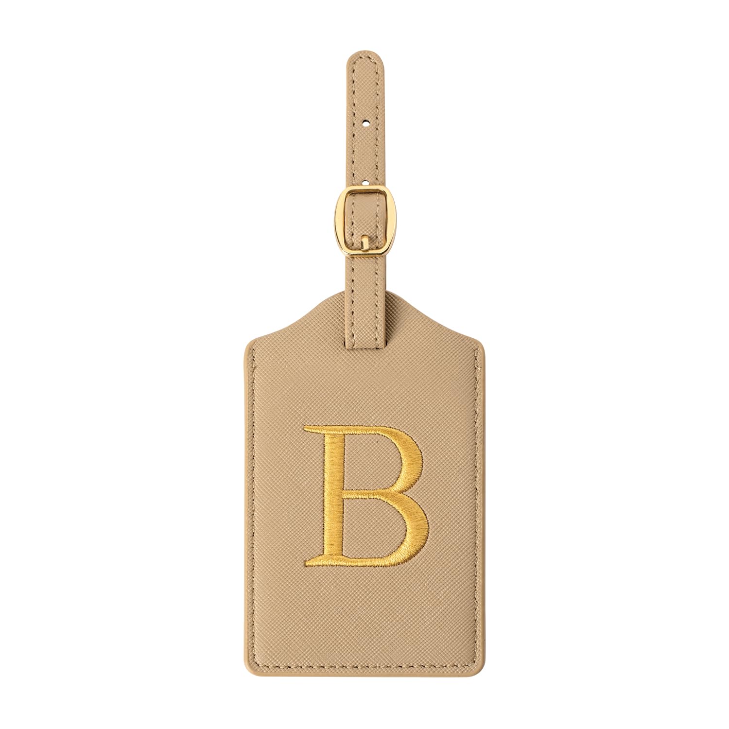 Personalized Leather Luggage Tag with Embroidered Initial - Monogrammed Travel ID Tag for Suitcases, Backpacks & Handbags - Premium Travel Accessories (Desert Sand & Gold, Letter B) - Perfect for Airports, Business Trips & Vacation Identification