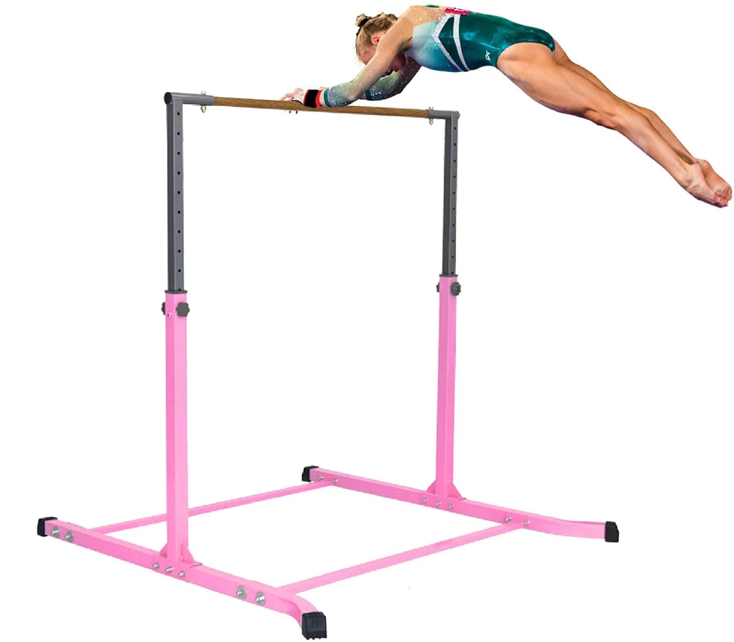 Professional Adjustable Gymnastics Training Bar - 13-Level Height (3-5 FT) with Cushioned Kip Bar & Curved Legs - Junior Horizontal/Asymmetric Bar for Home Gym (Pink) - Perfect for Kids' Gymnastics Practice, Strength Training & Indoor Fitness