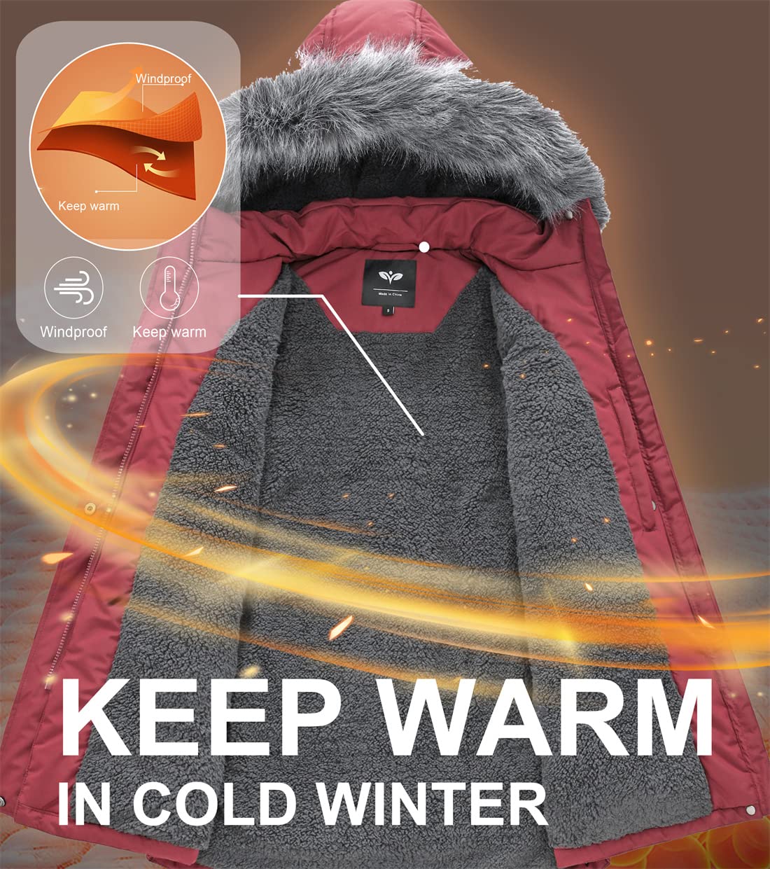 GGleaf Women's Winter Jacket - Hooded Fleece-Lined Thickened Parka Puffer Coat with Faux Fur Hood | Warm Windproof Outerwear for Snow Skiing, Hiking & Cold Weather Activities