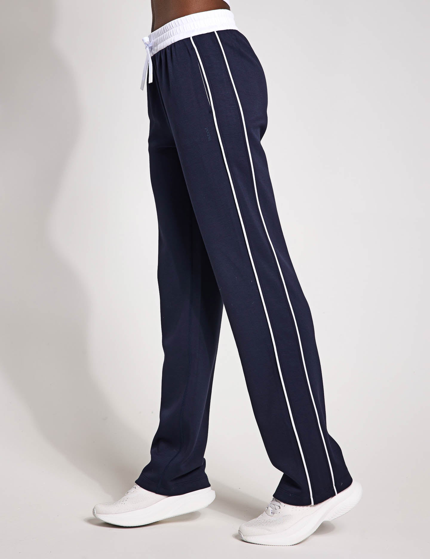 Kirsten Wide Leg Pants for Women - Navy Blue with White Piping | Comfortable High Waisted Trousers for Work, Office & Casual Wear