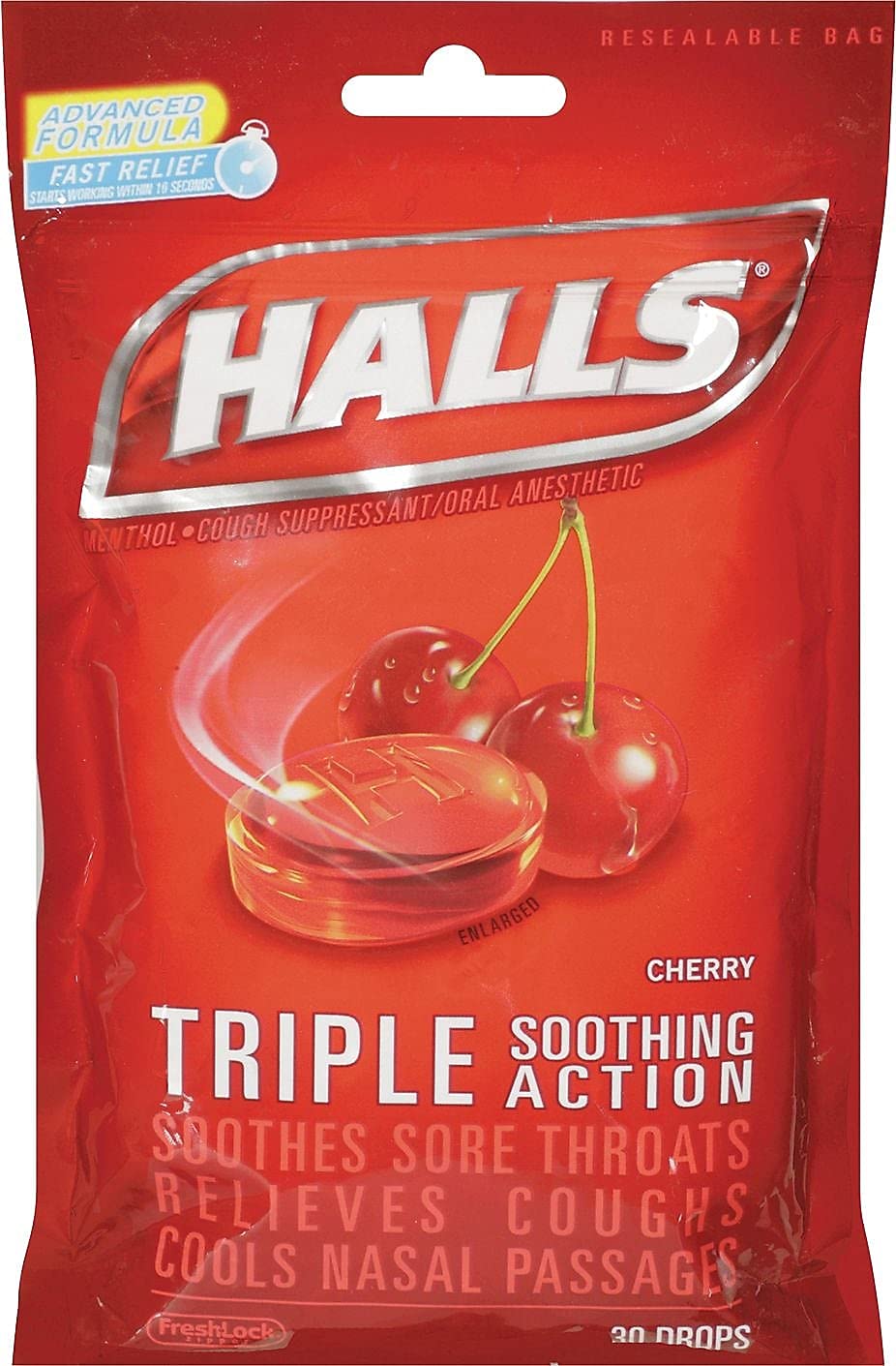 Halls 27499 Triple Action Cough Drops - Cherry Flavor (30 Count Bag) | Soothes Sore Throat & Cough Relief | Perfect for Cold, Flu & Allergy Season at Home, Work or Travel