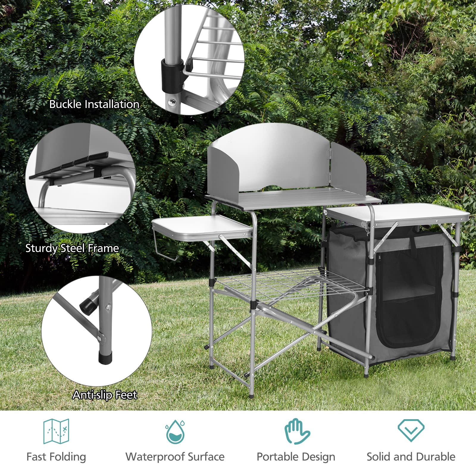 **Tangkula Folding Camping Kitchen Table - Aluminum Portable Grill Table with Windscreen & Storage Shelves | Outdoor Cook Station for Picnics, BBQ & Camping | Quick Setup & Carry Bag Included**