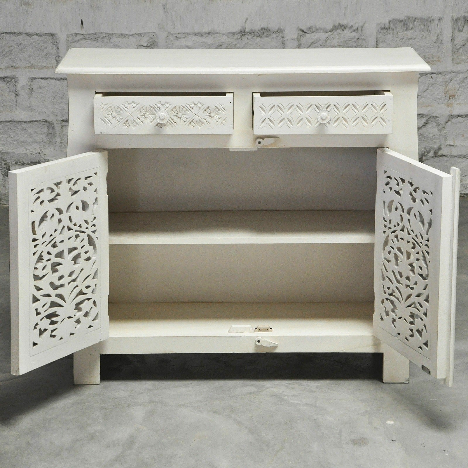 French Colonial Solid Wood Jali Carved Sideboard - White Vintage Buffet Cabinet for Dining Room, Living Room & Entryway Storage