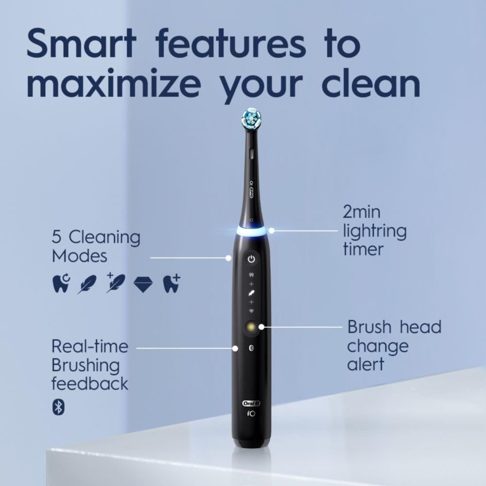 Oral-B iO5 Deep Clean + Whitening Rechargeable Electric Toothbrush with Pressure Sensor, 5 Modes & Travel Case - Black | Professional Teeth Cleaning for Home & Travel Use