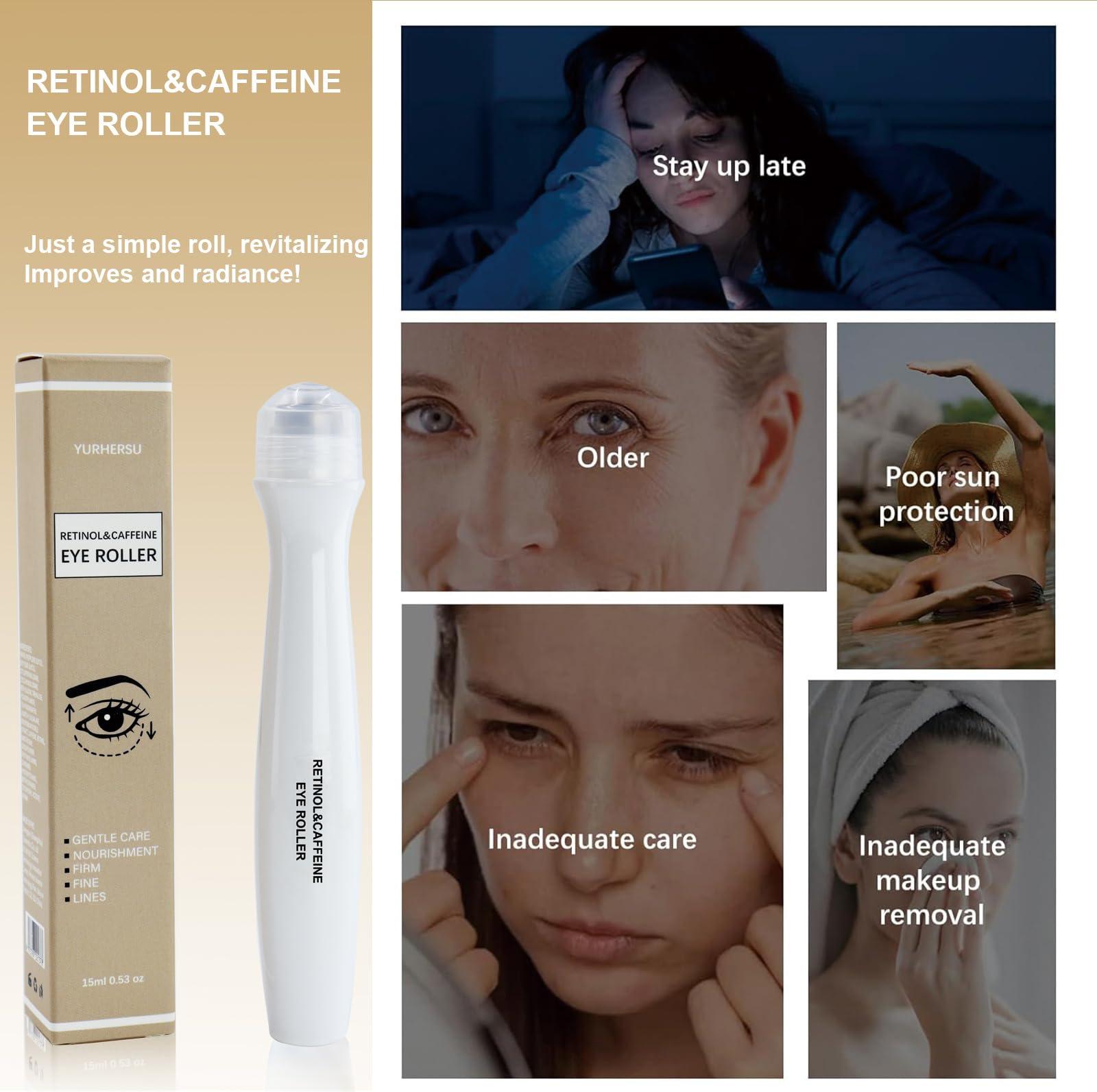 Retinol Caffeine Eye Roller - Dark Circle & Puffiness Treatment with 360° Massage Ball, Anti-Aging Eye Serum for Fine Lines & Wrinkles, Cooling Ice Roller for Firming & Smoothing - Perfect for Morning Routine & Night Eye Care