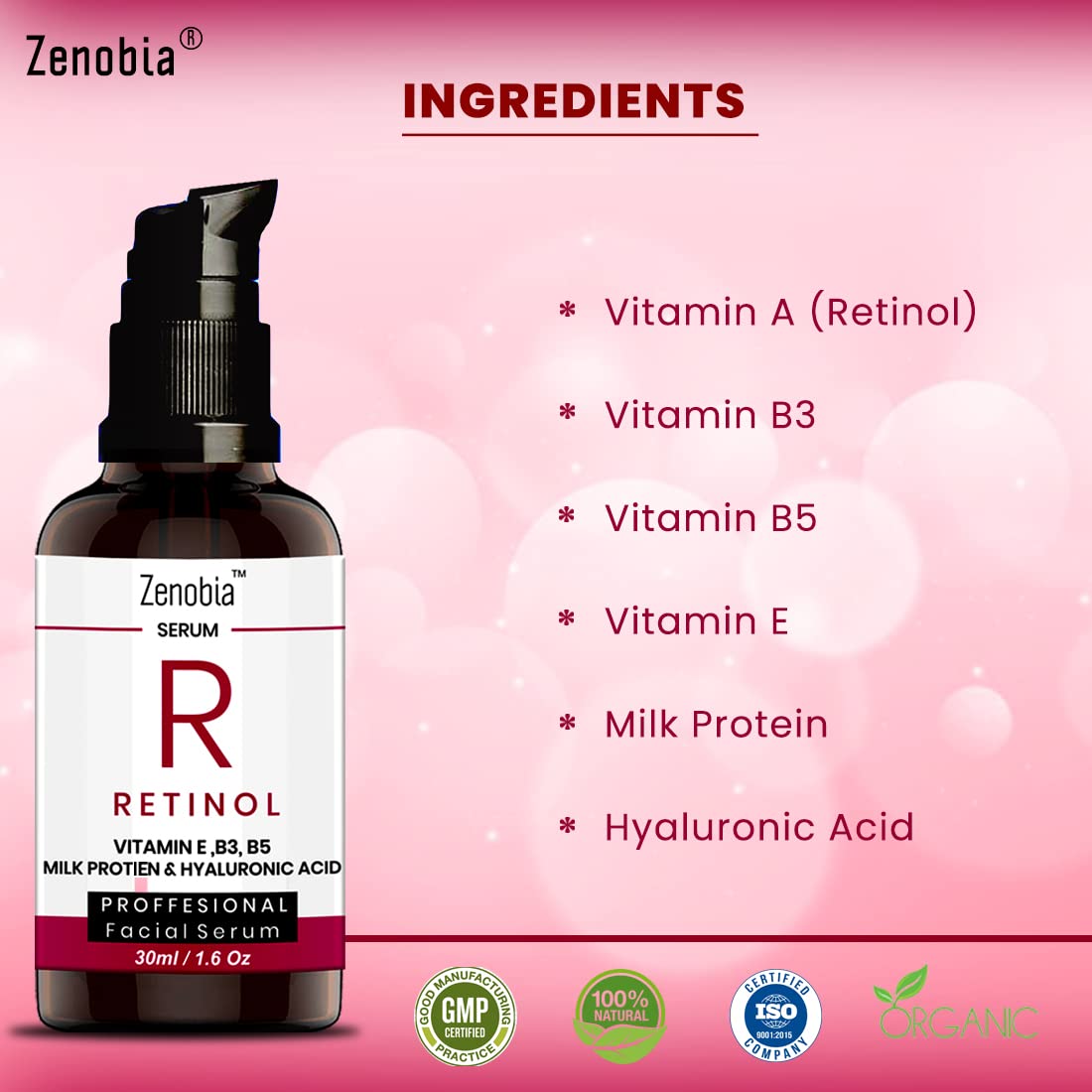 Zenobia Retinol Serum with Hyaluronic Acid - Anti-Aging Night Face Serum for Wrinkles, Smoothing & Brightening - 30ml Facial Skin Care for Women & Men | Perfect for Night Routine & Dry Skin Treatment