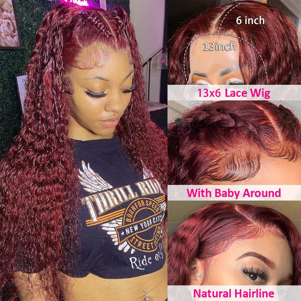 99J Burgundy Lace Front Wigs Human Hair 13x6 Deep Wave Lace Frontal Wig - 180% Density Glueless Pre-Plucked with Baby Hair (26 Inch) - Red Water Curly Wave Wigs for Black Women | Perfect for Daily Wear, Parties, Weddings & Special Occasions
