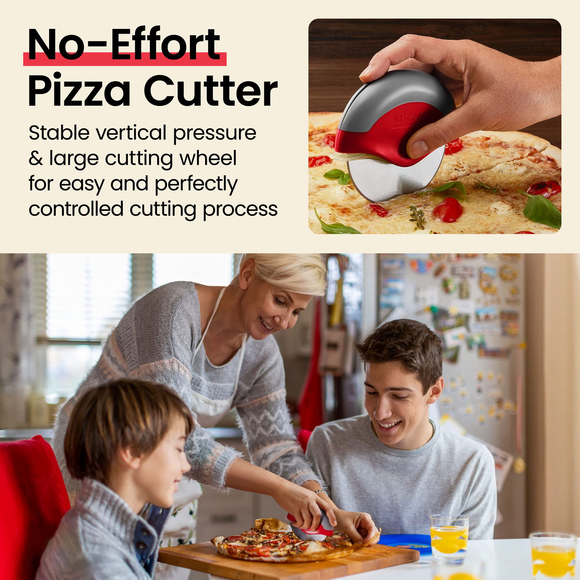Premium Kitchy Pizza Cutter Wheel with Protective Blade Cover - Sharp Stainless Steel Blade, Ergonomic Non-Slip Handle for Easy Slicing (Red) - Perfect for Homemade Pizza, Pasta, Dough Cutting & Kitchen Prep