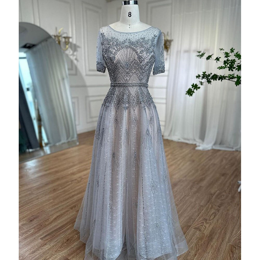 Elegant Grey O-Neck Short Sleeve A-Line Evening Dress 2025 - Luxury Beaded Mother of the Bride Party Gown LA72102 | Perfect for Weddings, Galas & Formal Occasions