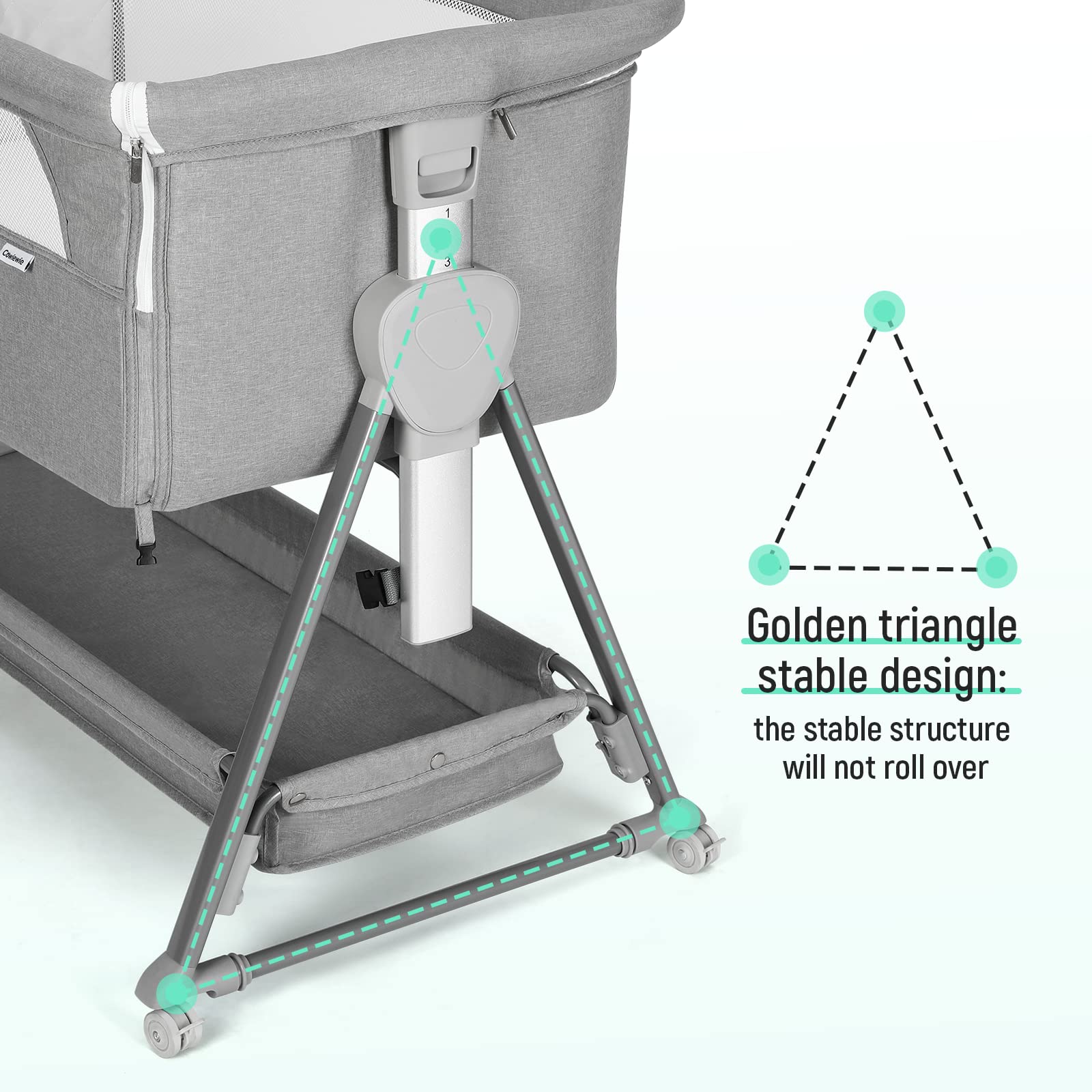 Cowiewie Adjustable Baby Bassinet Bedside Sleeper - 7 Height Levels, Breathable Mesh Sides & Mattress, XL Storage, Foldable Crib (Pyramid Light Gray) - Perfect for Newborns, Nursery & Co-Sleeping