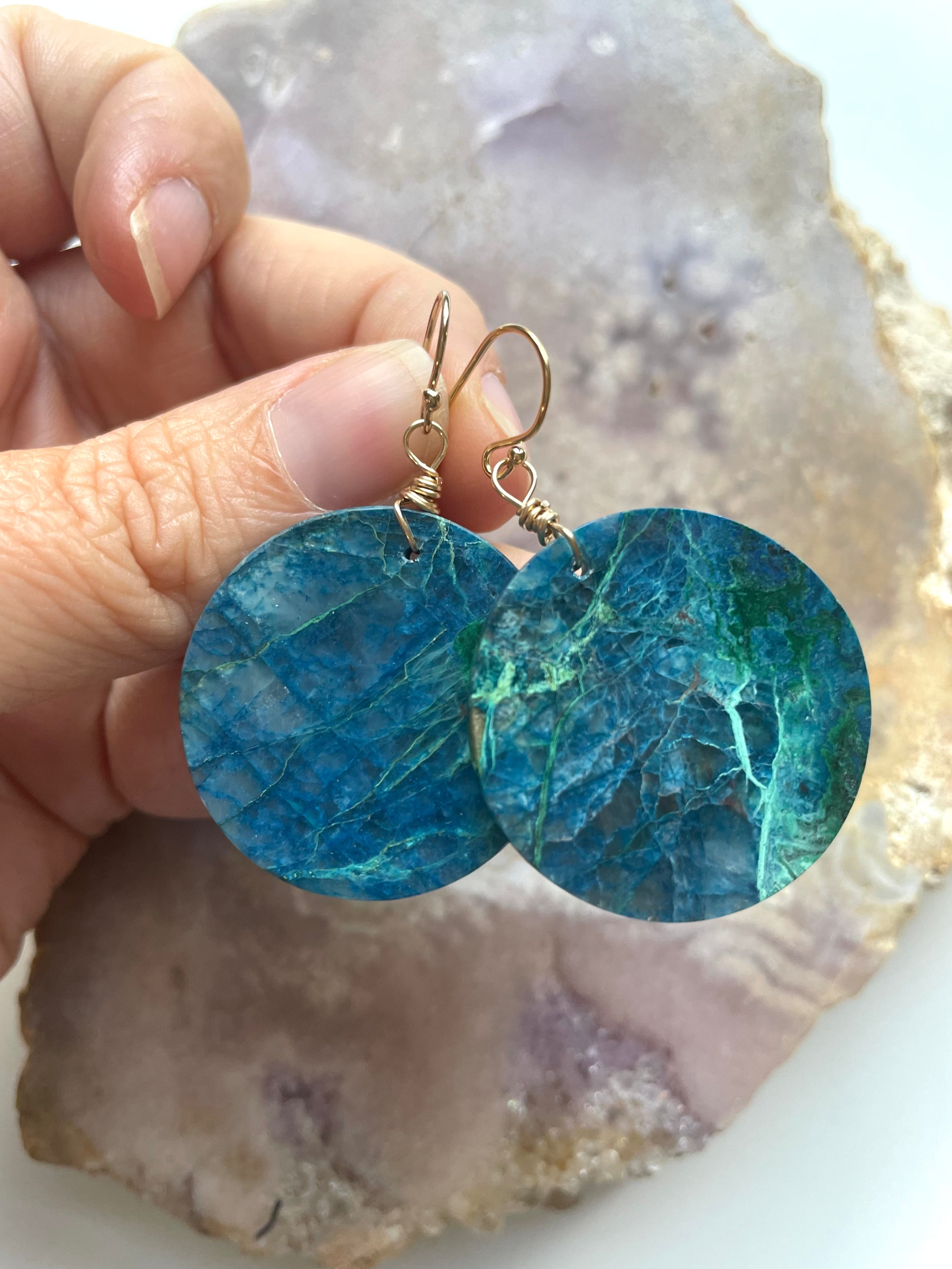 Chrysocolla Gold Filled Statement Crystal Gemstone Earrings for Women | Elegant Dangle Drop Earrings for Party, Wedding & Special Occasions