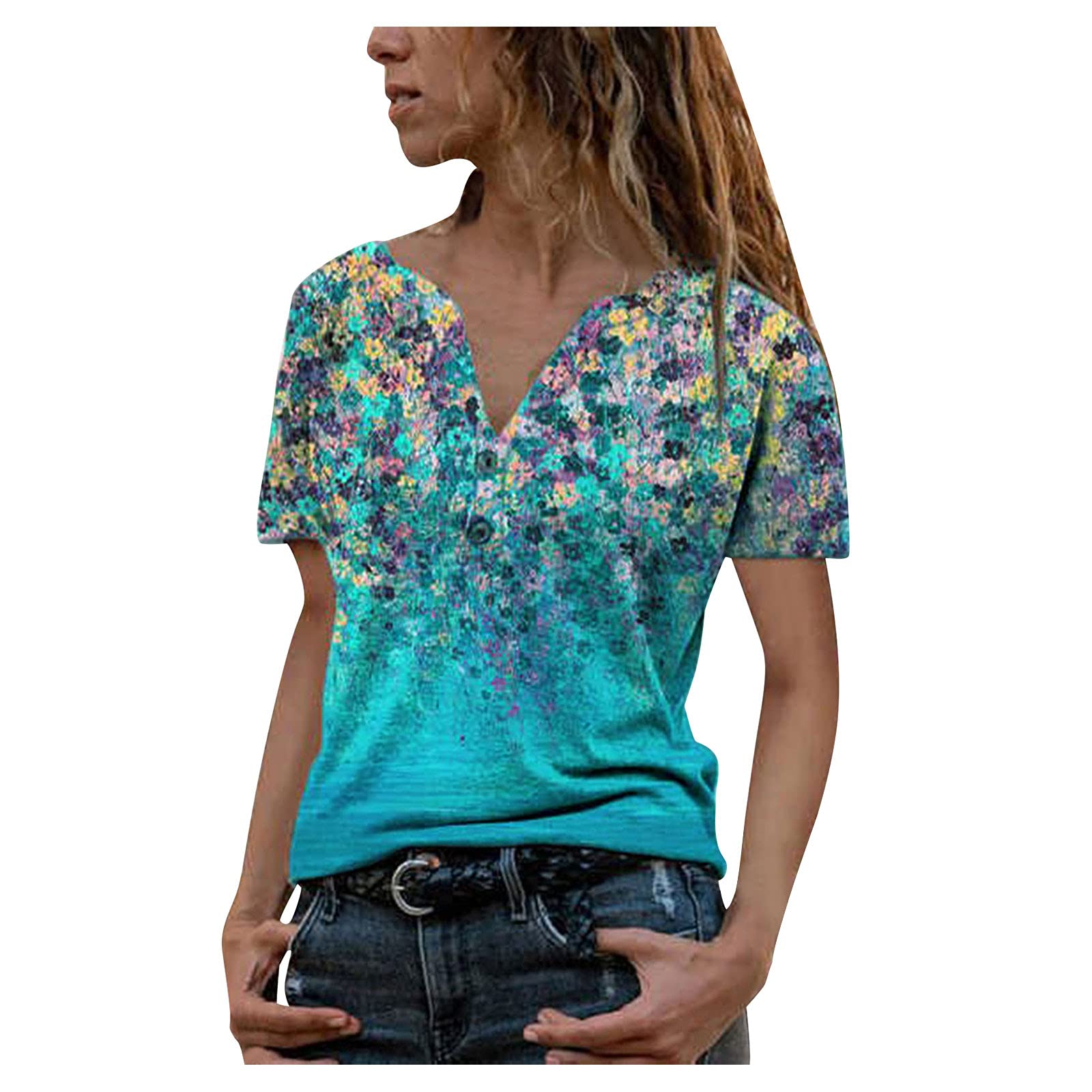 Women's Purple V-Neck Casual Short Sleeve T-Shirt - Loose Fit Button Down Summer Blouse with Prints | Perfect for Beach Outings, Weekend Wear & Casual Office Looks