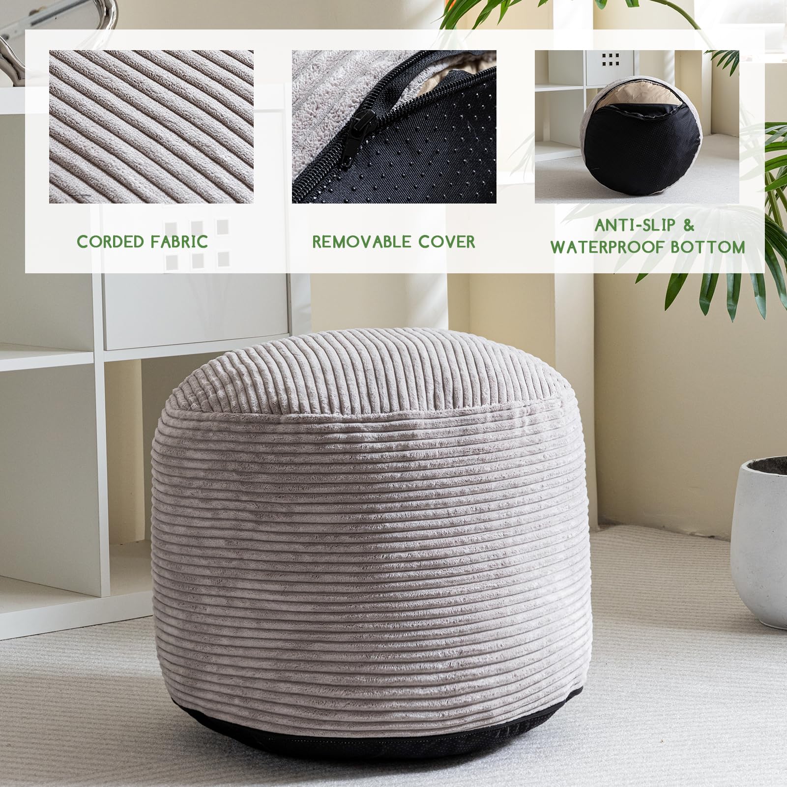 MAXYOYO Round Stuffed Pouf Ottoman - Corduroy Foam-Filled Footrest, 20 x 15 Inches, Grey | Perfect for Living Room, Bedroom & Nursery Decor