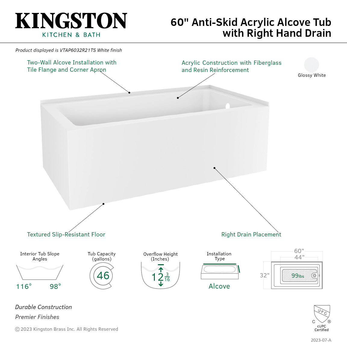 Aqua Eden VTAP6032R21TS 60 Inch Acrylic Rectangular 2 Wall Corner Alcove Bathtub - Right Hand Drain, Glossy White - Perfect for Small Bathrooms & Modern Home Spa Experience