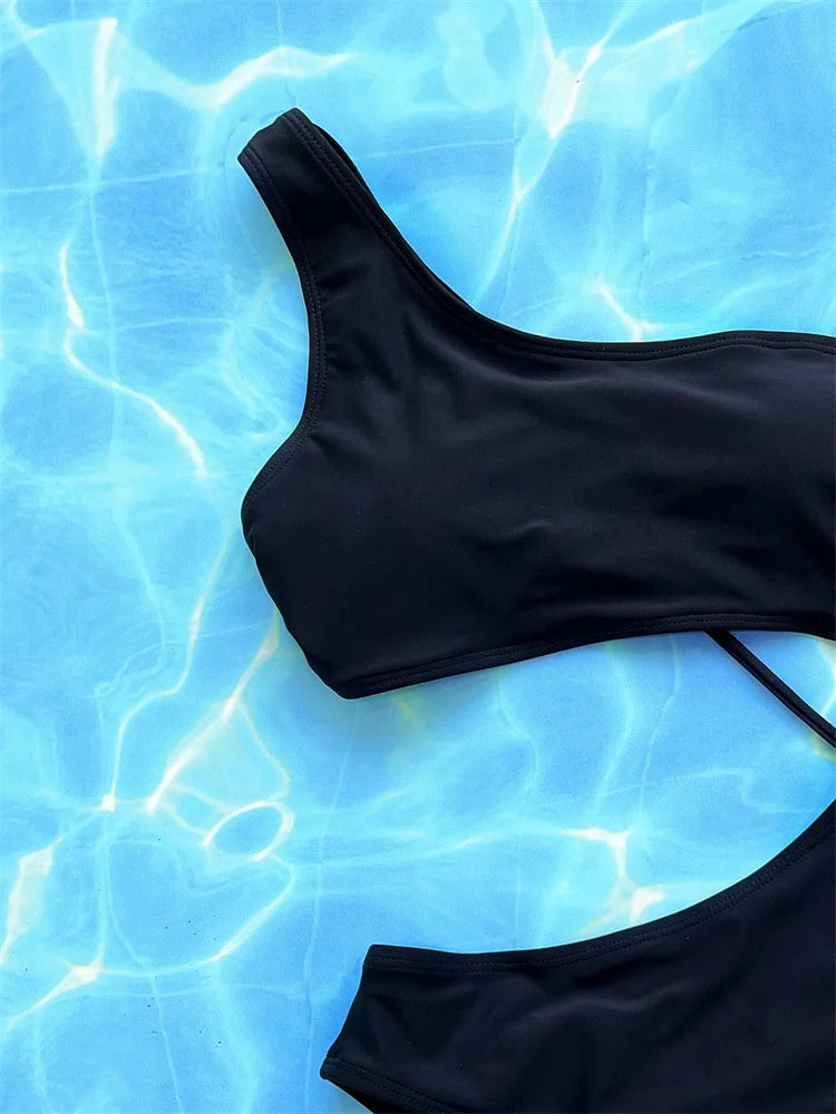 Sexy Black Cut Out One Piece Swimsuit for Women 2024 - Backless One Shoulder Halter Monokini with High Waist | Perfect for Beach Vacation, Pool Party & Summer Getaways