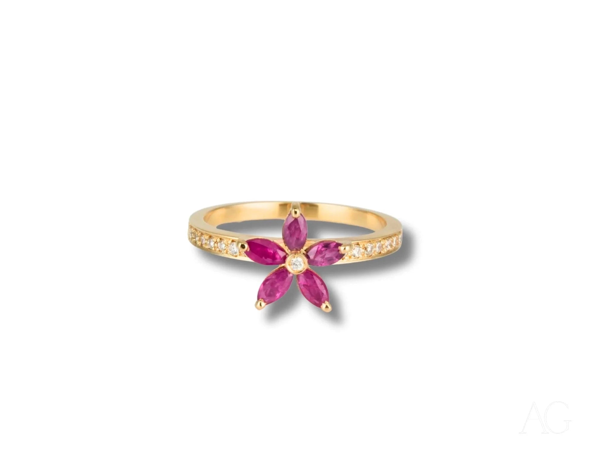 18k Gold Ruby Flower & Diamond Ring for Women - Elegant Floral Jewelry Gift for Anniversary, Engagement, Wedding & Special Occasions