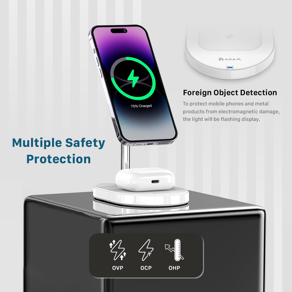 ADAM Elements Omnia M2+ 2-in-1 Magnetic Wireless Charging Station - Compatible with iPhone 12/13/14/15/16 Series & AirPods/Pro - Fast Qi-Certified Charger for Home, Office, and Travel