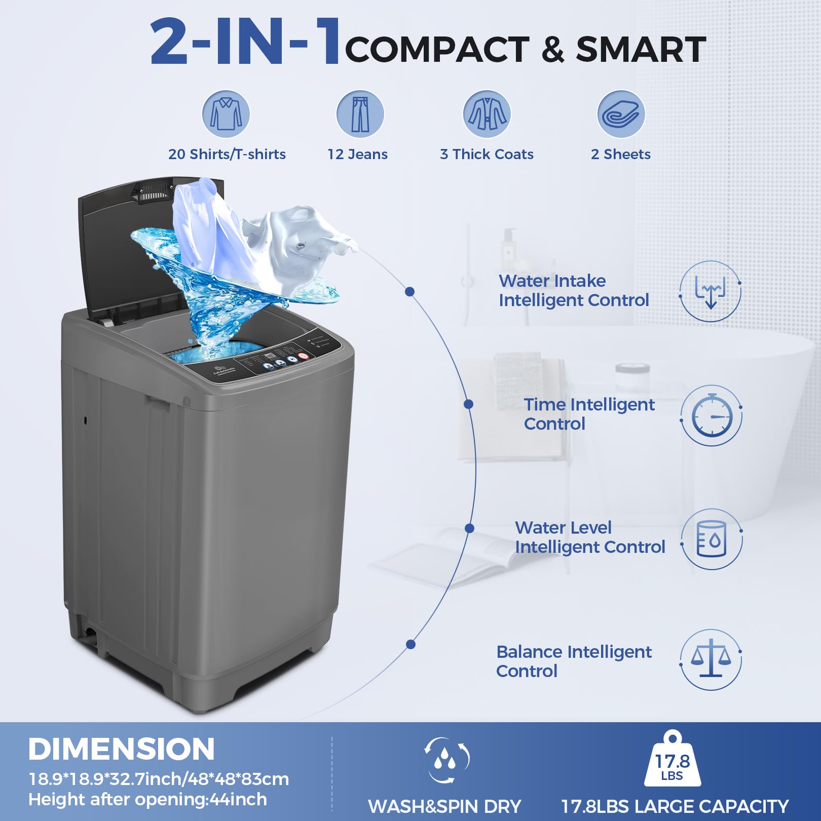 Nictemaw 17.8Lbs Portable Washing Machine with Dryer - 2.4Cu.ft Compact Washer Dryer Combo, 10 Wash Programs & 8 Water Levels, Built-in Drain Pump - Perfect for Apartments, RVs, Dorms & Small Spaces - Ideal for Travel, Camping & Off-Grid Living