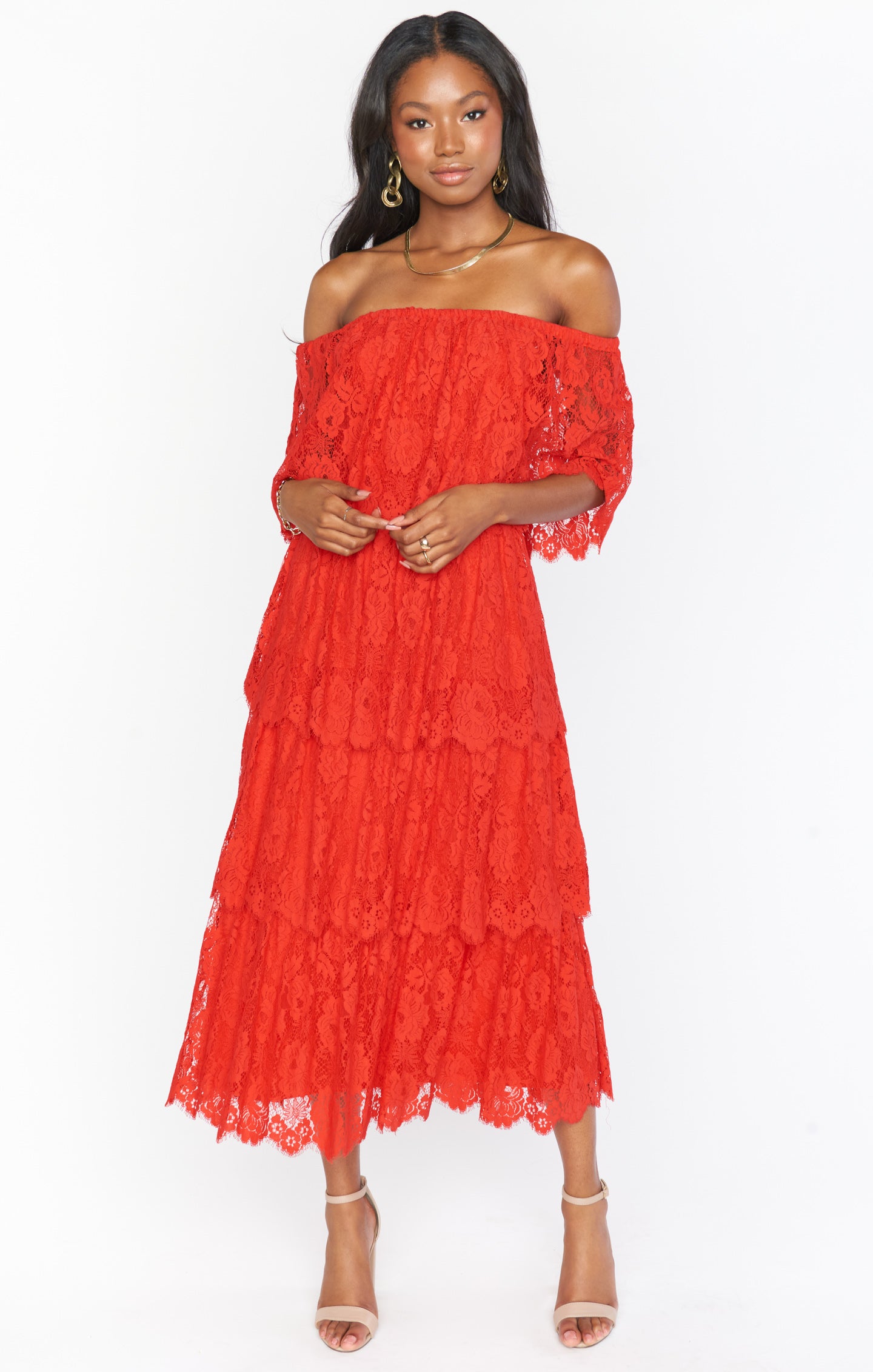 Lana Midi Dress - Red Floral Lace Spring Summer Dress for Women | Perfect for Weddings, Parties & Date Nights