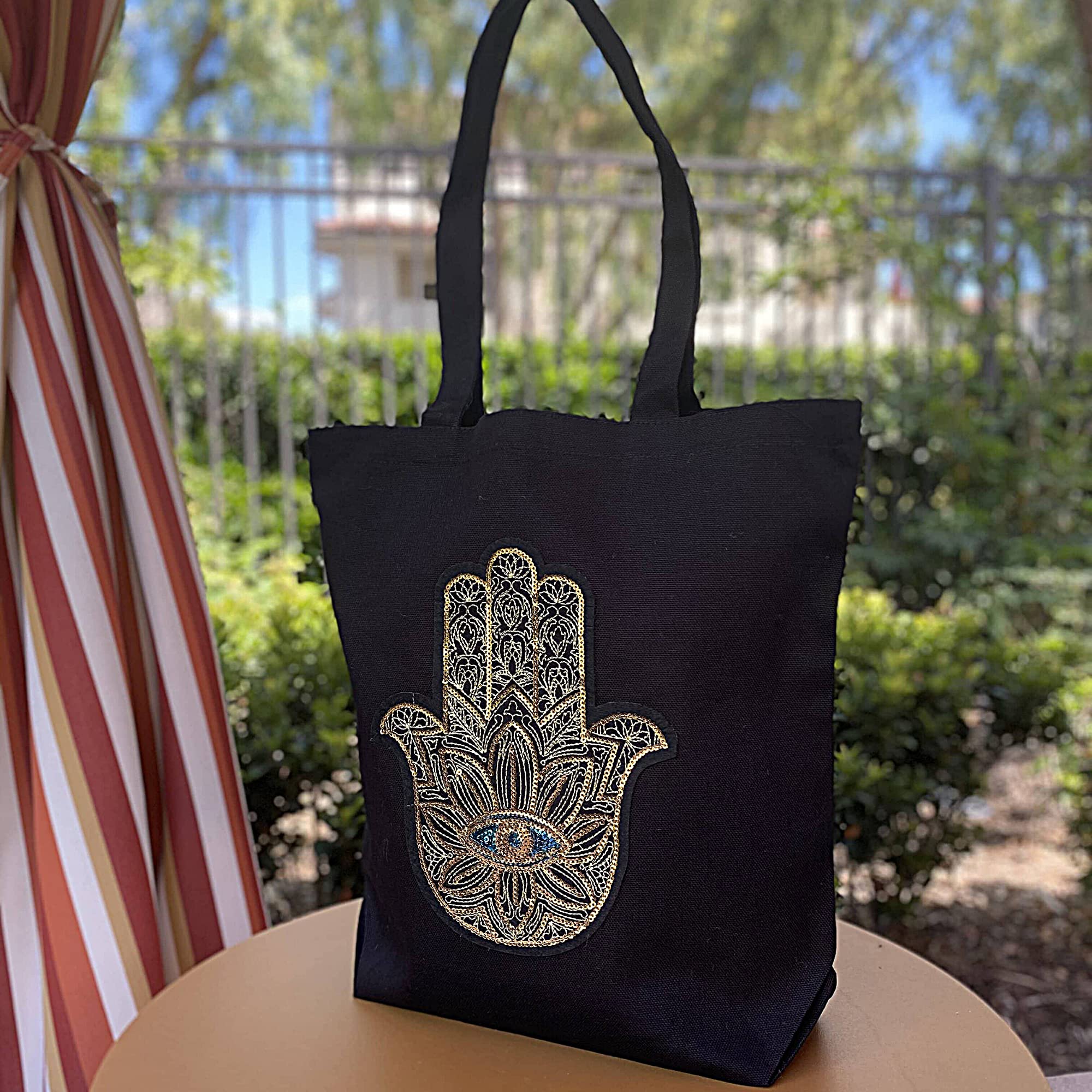 Embroidered Golden Hamsa Canvas Tote Bag for Women - Reusable Eco-Friendly Shoulder Bag for Shopping, Beach, Work & Daily Use