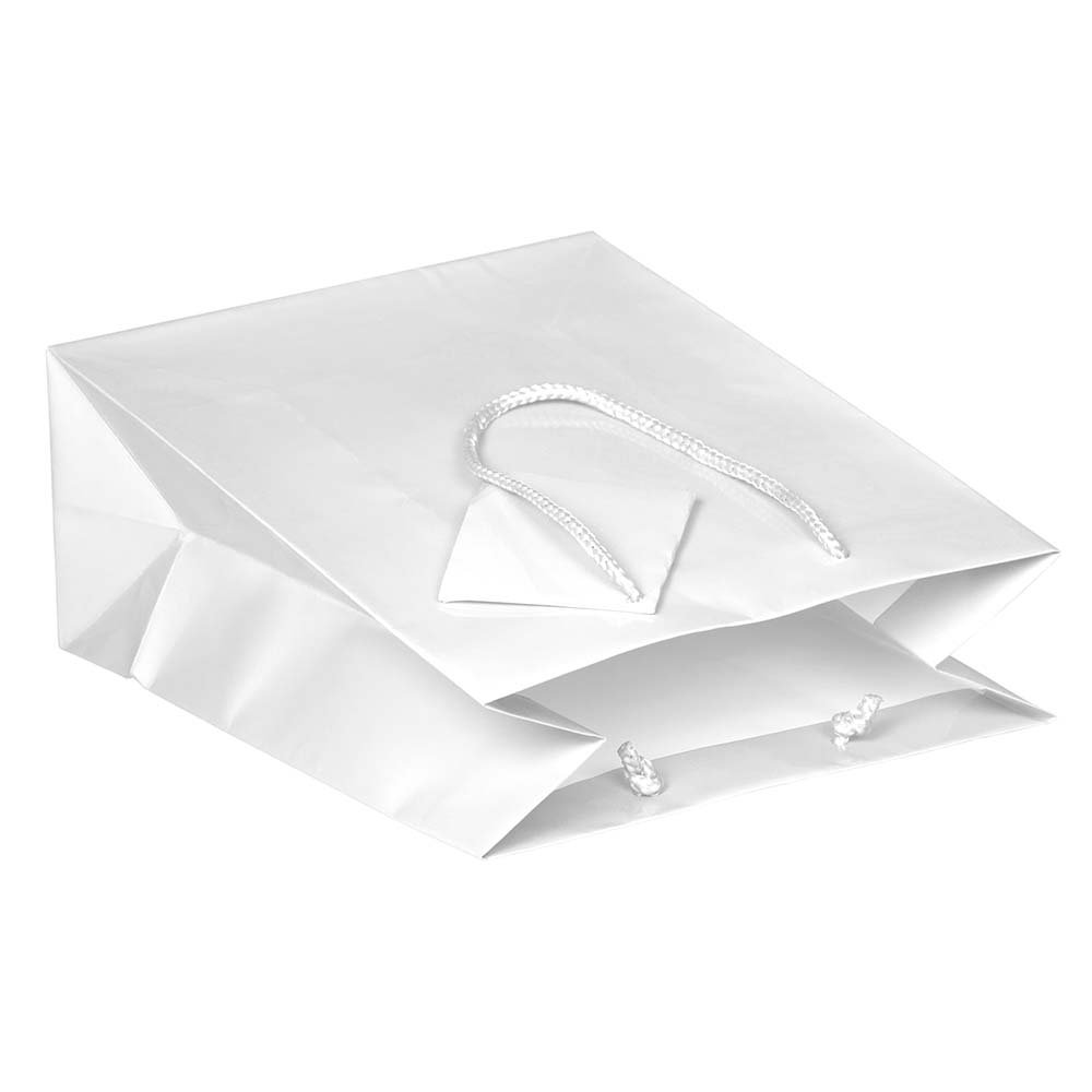 JAM Paper Glossy White Gift Bags with Rope Handles - Medium Size 8x4x10 Inches - Bulk Pack of 100 - Perfect for Birthday, Wedding & Party Favors