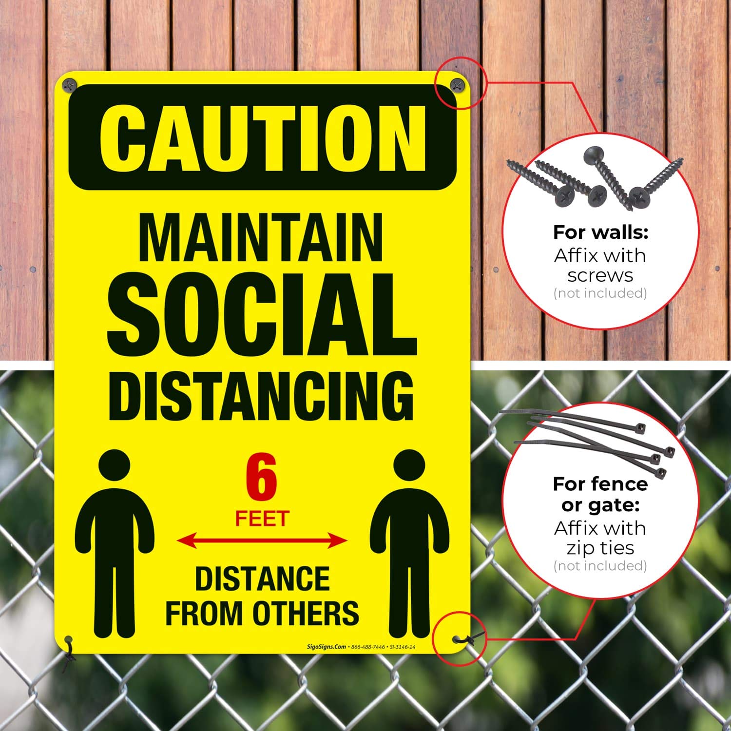 Social Distancing Floor Sign - 10x14 Inch Aluminum Safety Sign for 6 Feet Apart, Rustproof & Weatherproof for Indoor/Outdoor Use - Easy Mounting Business Signage for Retail Stores, Offices & Public Spaces - Made in USA