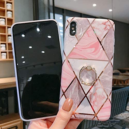 JANDM Marble Design Clear Soft Silicone Case with Glitter Bling & Ring Stand Holder for iPhone X/XS - Pink | Protective Cover for Everyday Use, Work & Travel