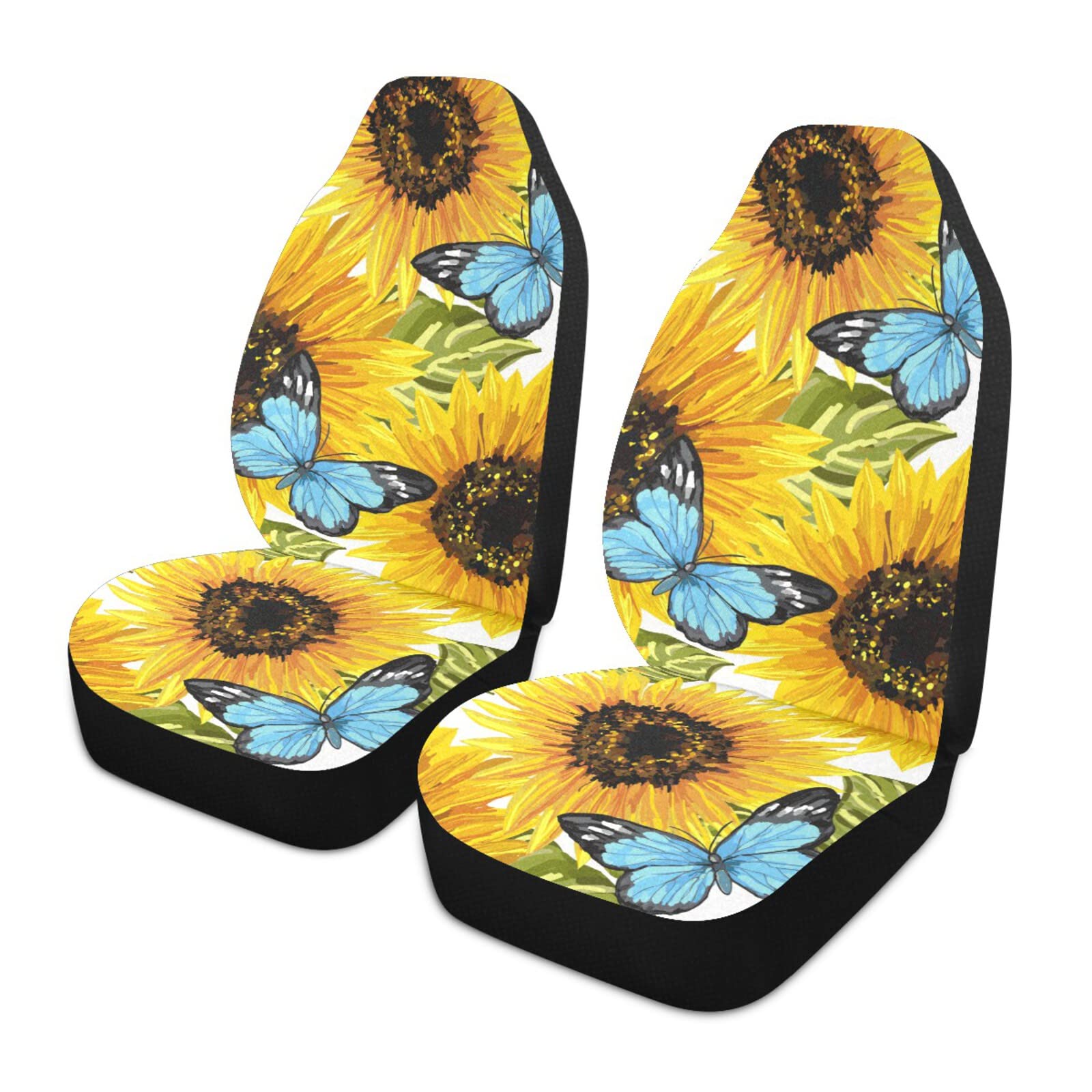 Susiyo Sunflower Blue Butterfly Painted Car Seat Covers - 2 Piece Set with Organizer Pocket & Seat Belt Pad - Universal Fit for Cars, SUVs, Trucks - Perfect for Road Trips & Daily Commutes