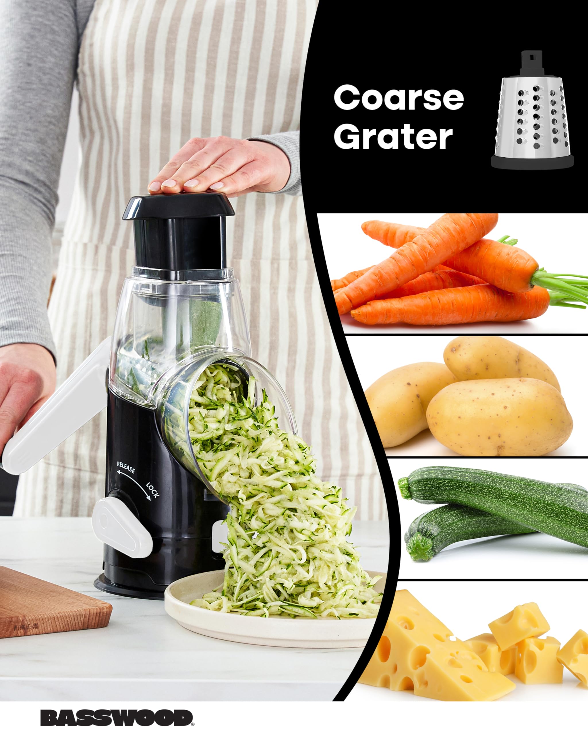 Premium Rotary Cheese Grater with Handle - 3 Stainless Steel Blades for Cheese, Vegetables & Nuts | Mandoline Slicer & Peeler Included | Perfect for Kitchen, Camping & Meal Prep (Black)