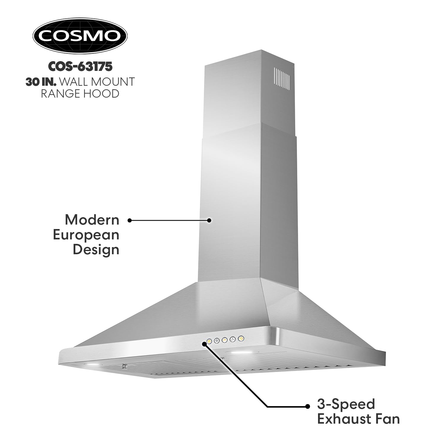 COSMO COS-63175 30-inch Stainless Steel Wall Mount Range Hood - 380 CFM Ducted Ventilation, Button Controls & LED Lights for Kitchen - Perfect for Modern Homes, Apartments, and Restaurants