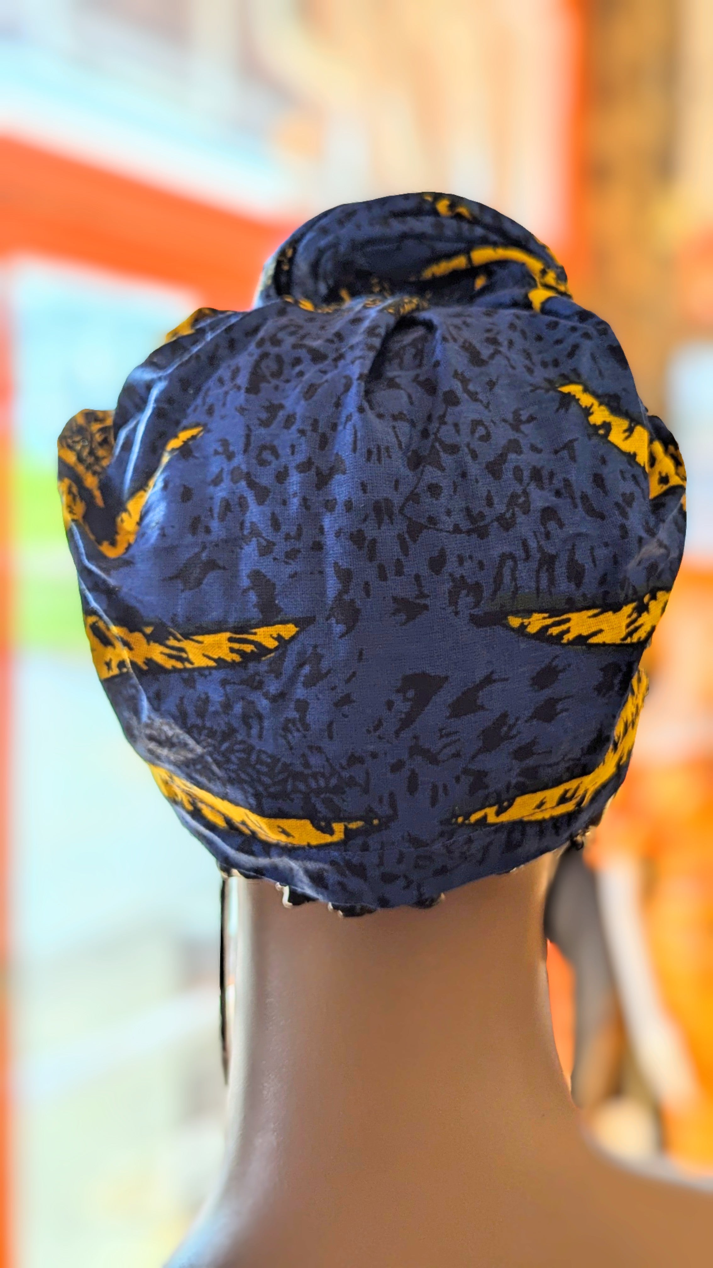 Dupsie's Zalika Blue and Gold Sunburst African Print Pre-Tied Head Wrap DP4071PT5 - Stylish Headscarf for Women, Perfect for Church, Weddings, and Cultural Events