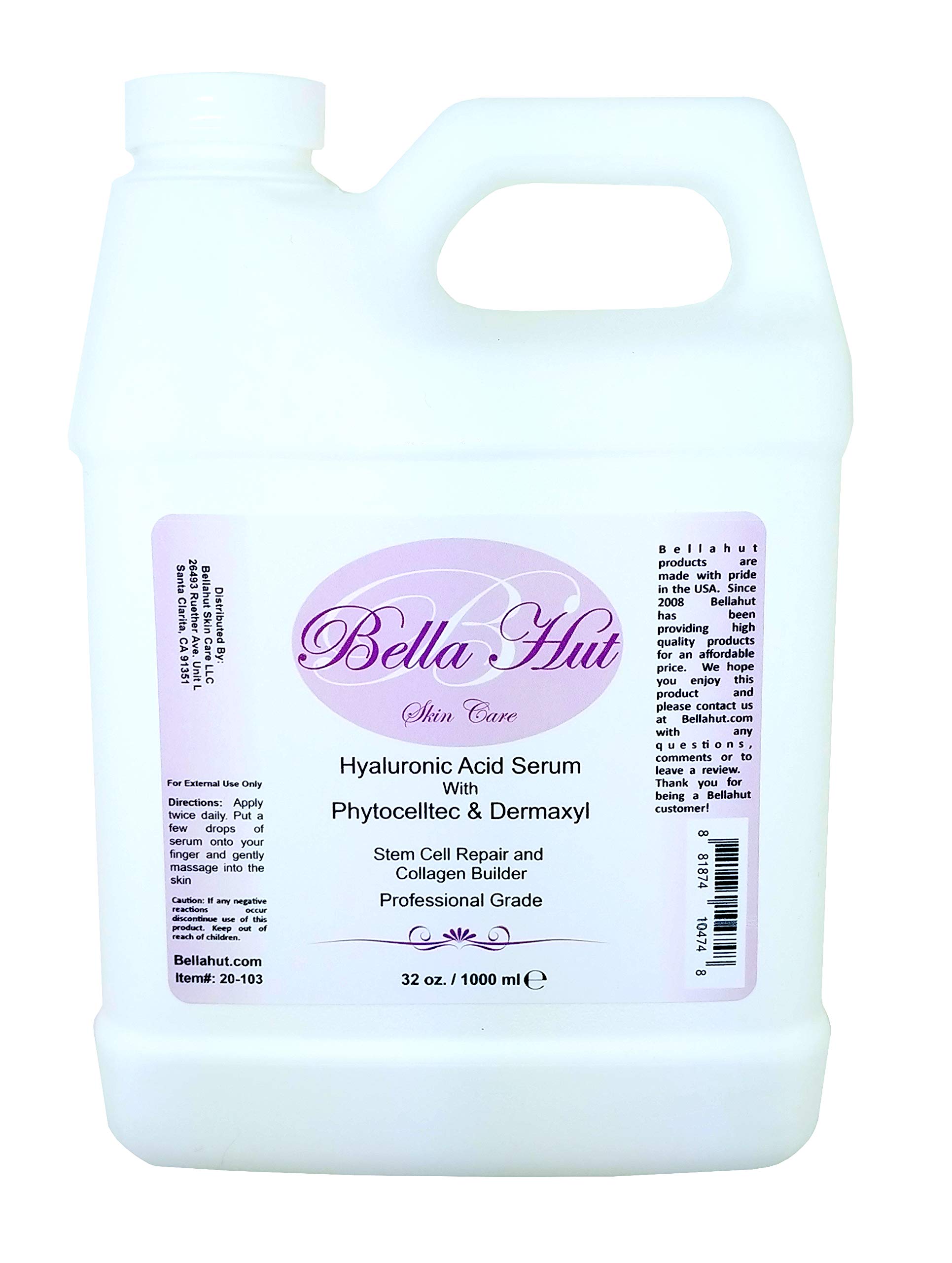 Bellahut 100% Pure Hyaluronic Acid Serum with PHYTO.CELLTEC & DER-MAX-YL | Anti-Aging Face Serum for Wrinkles, Dry Skin & Collagen Boost | 1oz, 4oz, 16oz, 32oz, 128oz Sizes | Made in USA | Perfect for Daily Skincare Routine & Nighttime Hydration