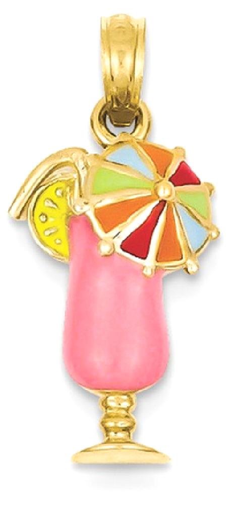 14K Solid Yellow Gold Pink Tropical Drink Necklace - Dainty Cocktail Pendant Charm for Women - Perfect for Beach Parties, Summer Vacations & Tropical Themed Events