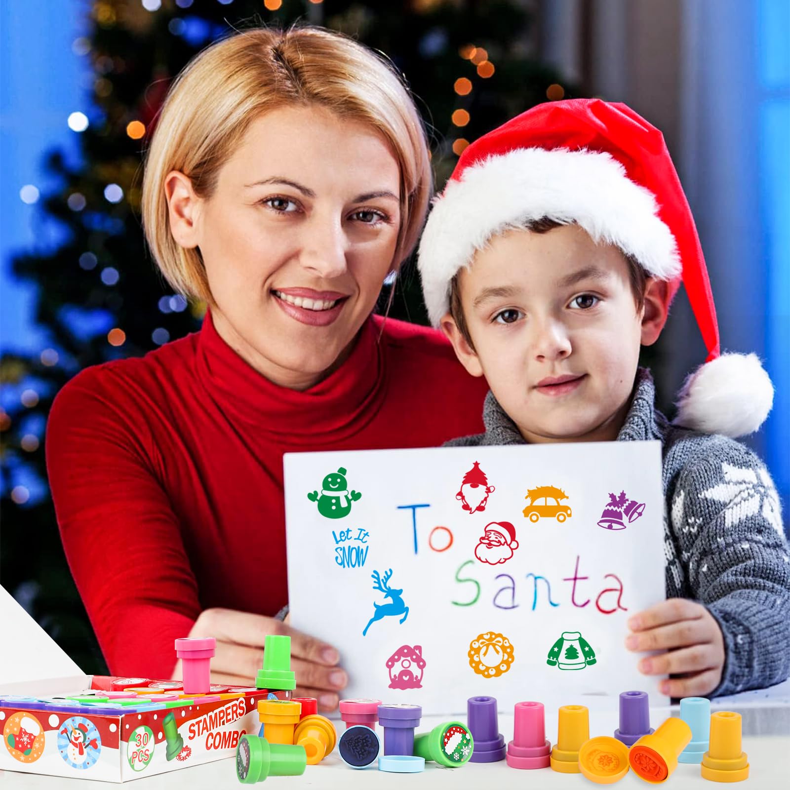 FOIMAS 30pcs Christmas Stamps for Kids - Self Inking Holiday Stampers with Santa, Snowflake & Reindeer Designs - Perfect for Stocking Stuffers, Goody Bags & Christmas Party Favors - Fun Holiday Crafts & DIY Gift Wrapping