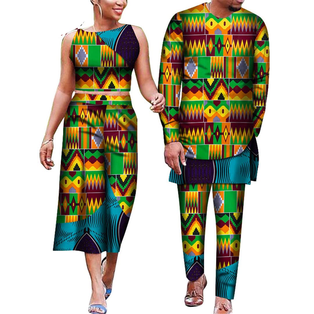 African Print Couple Matching Outfits - Floral Dashiki Crop Top & Skirt Set for Women, Plus Size 9-5XL Men's Suits - Perfect for Valentine's Day, Anniversary Gifts & Cultural Events