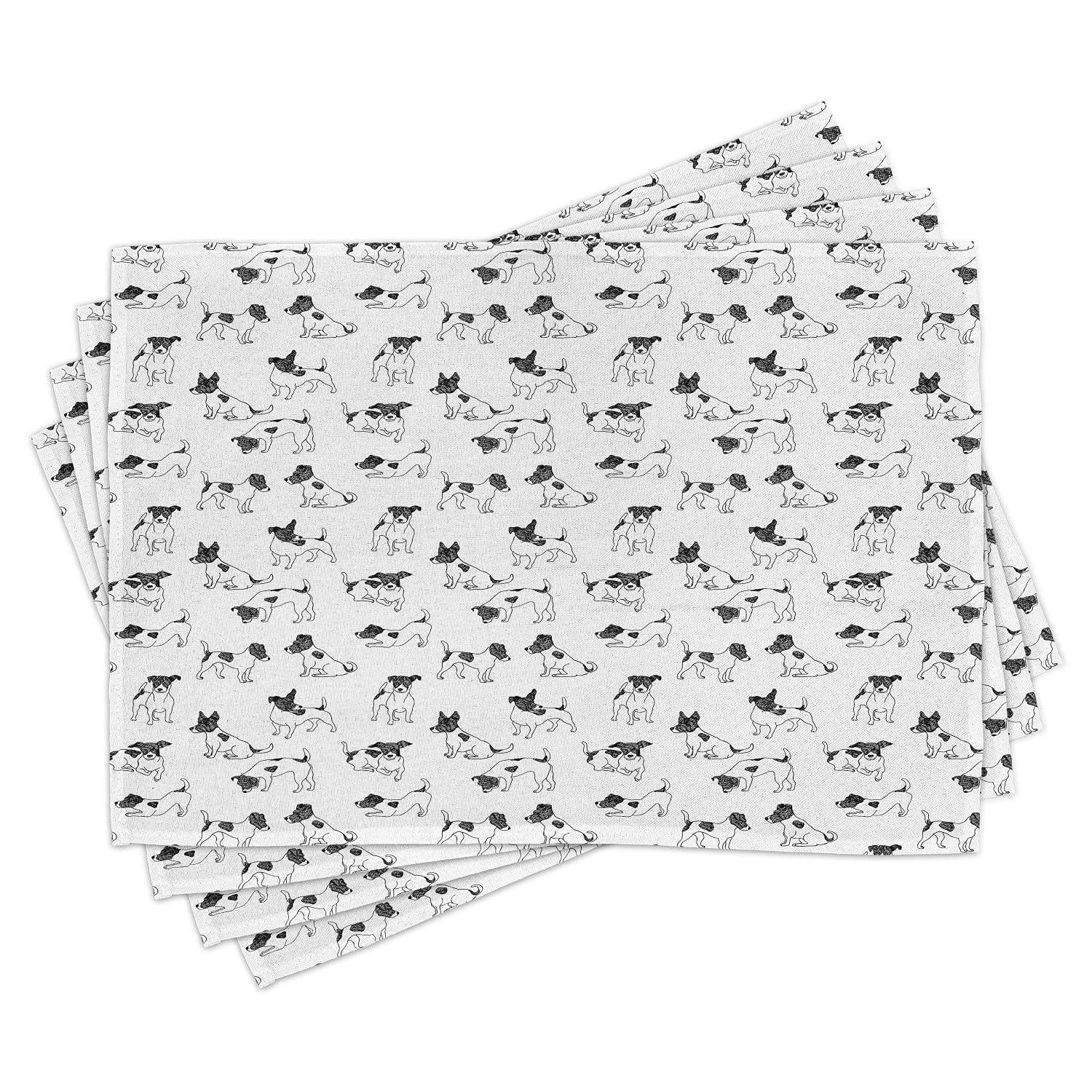 Ambesonne Dog Lover Place Mats Set of 4 - Sketch Style Hand Drawn Jack Russell Terrier Doodles in Various Poses, Washable Fabric Table Mats for Dining Room, Standard Size Black & White - Perfect for Pet Lovers' Dinner Parties & Kitchen Decor