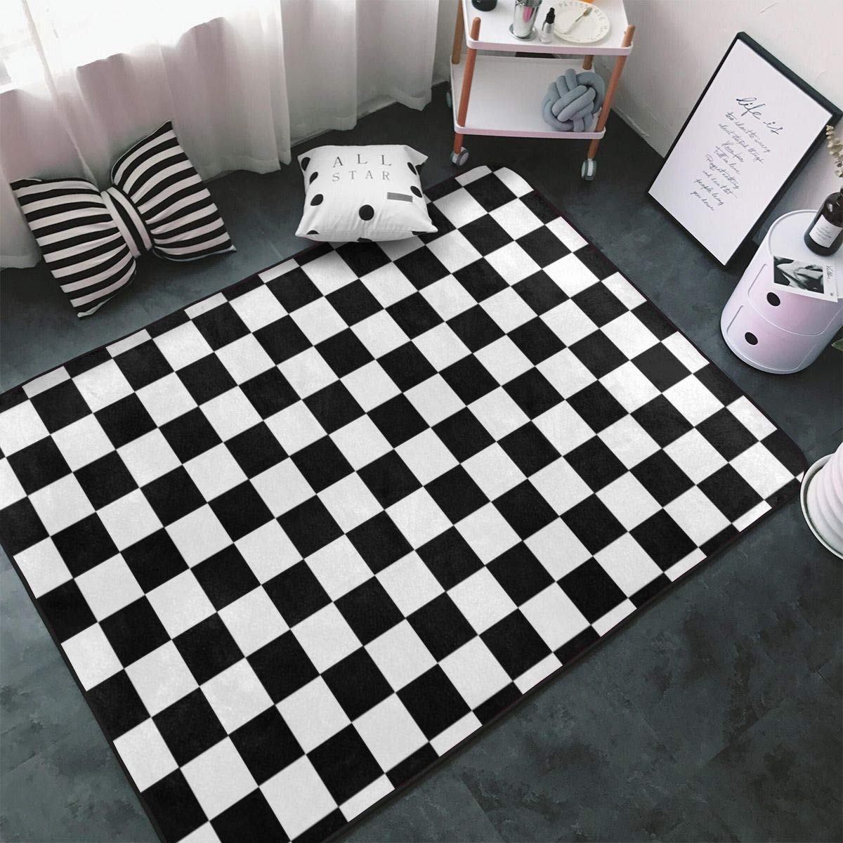 Black and White Checkered Flag Racing Area Rug - Soft Washable Grid Carpet with Non-Slip Backing for Living Room, Bedroom, Kitchen, Dining Room & Home Office (5.3ft x 4ft) - Perfect for Racing Themed Decor, Man Cave, Game Room & Sports Enthusiast Gifts