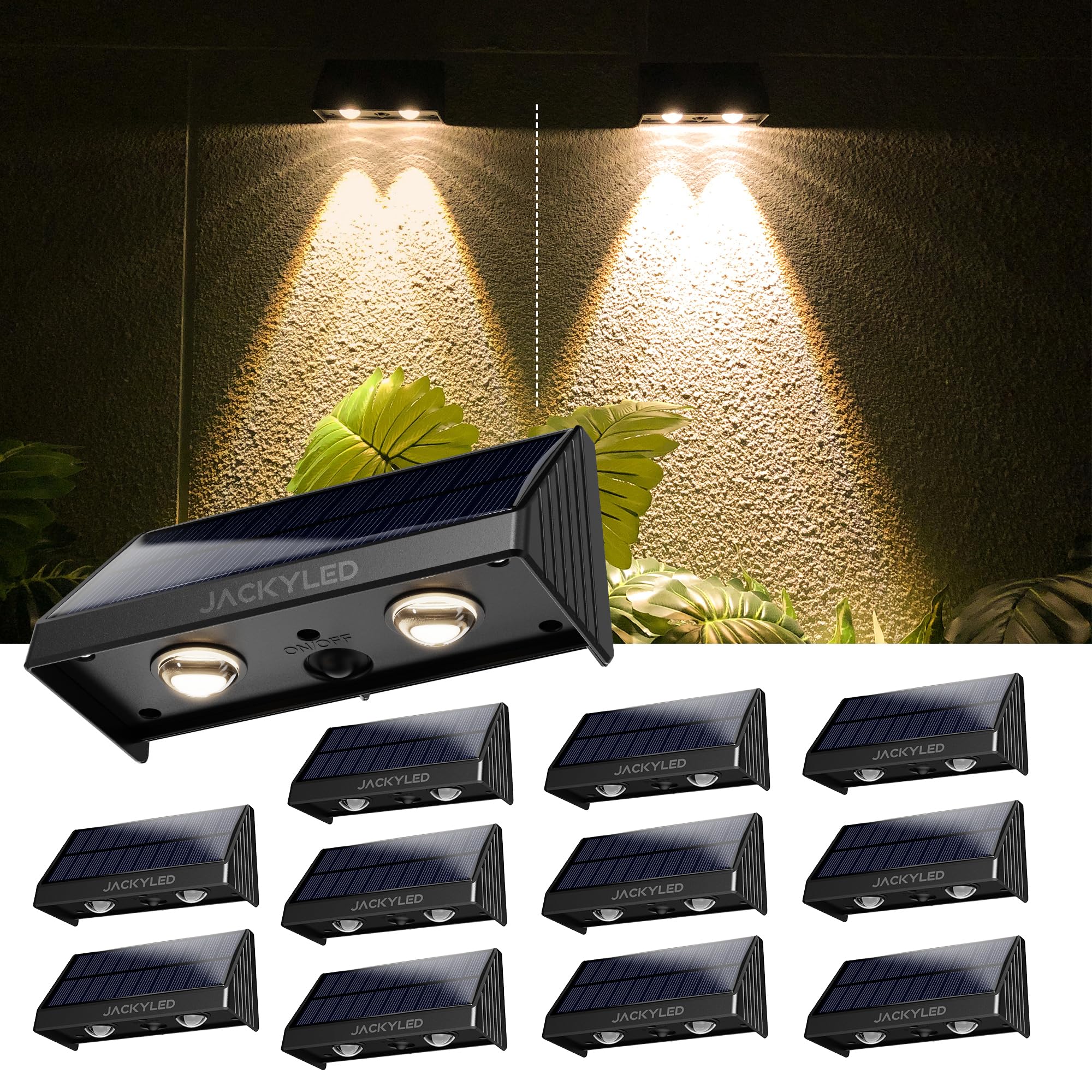 JACKYLED 50 Lumens Solar Outdoor Lights - 12 Pack Super Bright Waterproof Solar Lights for Fence, Wall, Backyard, Porch, Deck, Garden & Patio Decor (Warm White) | Energy-Efficient Landscape Lighting for Pathways, Driveways & Outdoor Spaces