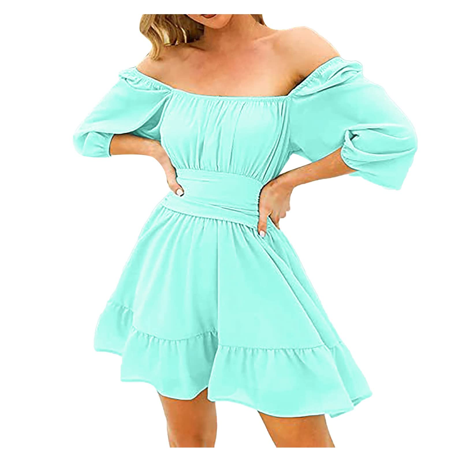 Elegant Women's Lantern Sleeve Wedding Guest Dress - Slim Fit Ruffled Back Midi Dress with Straight Neckline | Perfect for Bridal Showers, Cocktail Parties & Formal Occasions