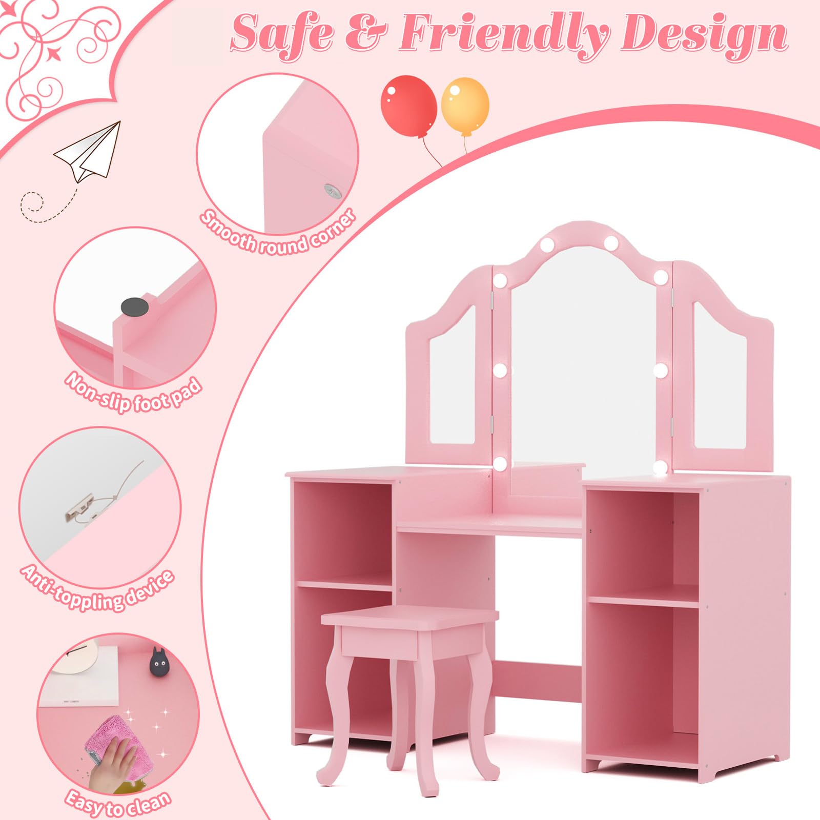 YUFU Kids Vanity Set - 2 in 1 Wooden Makeup Desk & Chair with Removable Tri-Fold Mirror, LED Lights and 4 Storage Compartments | Toddler Dressing Table for Girls (Pink) | Perfect for Pretend Play, Birthday Gifts & Bedroom Decor