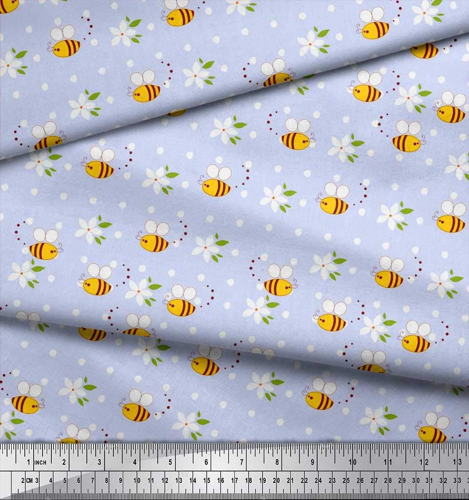 Soimoi Cotton Voile Fabric - Blue Floral Honey Bee Print - 42