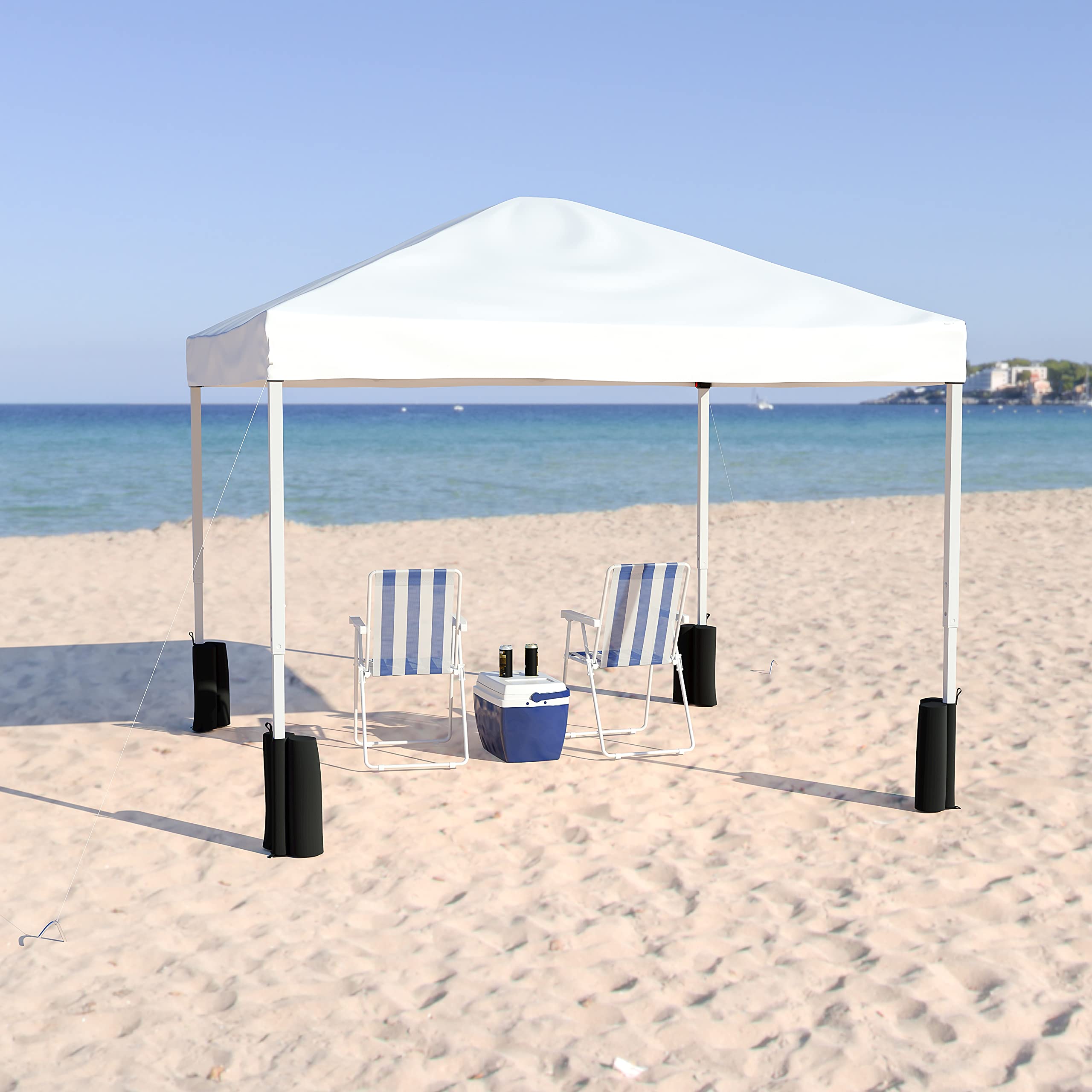 10'x10' White Pop Up Canopy Tent with Straight Legs, Sandbags & Wheeled Carry Case - Perfect for Outdoor Events, Farmers Markets, Beach Parties & Camping