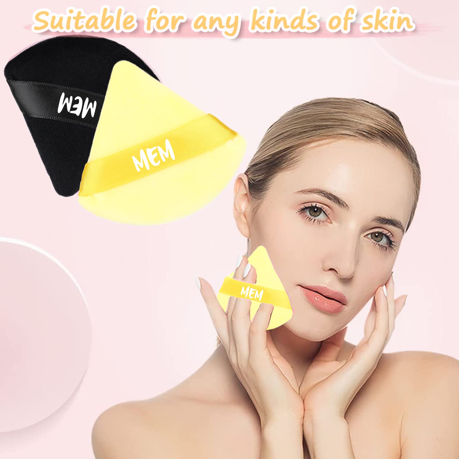 8 Pcs MEM Triangle Powder Puff - Soft Velour Makeup Sponge for Loose & Pressed Powder Application | Wet & Dry Use | Skin-Friendly Beauty Blender with Satin Ribbon | Perfect for On-the-Go Touchups & Professional Makeup Application