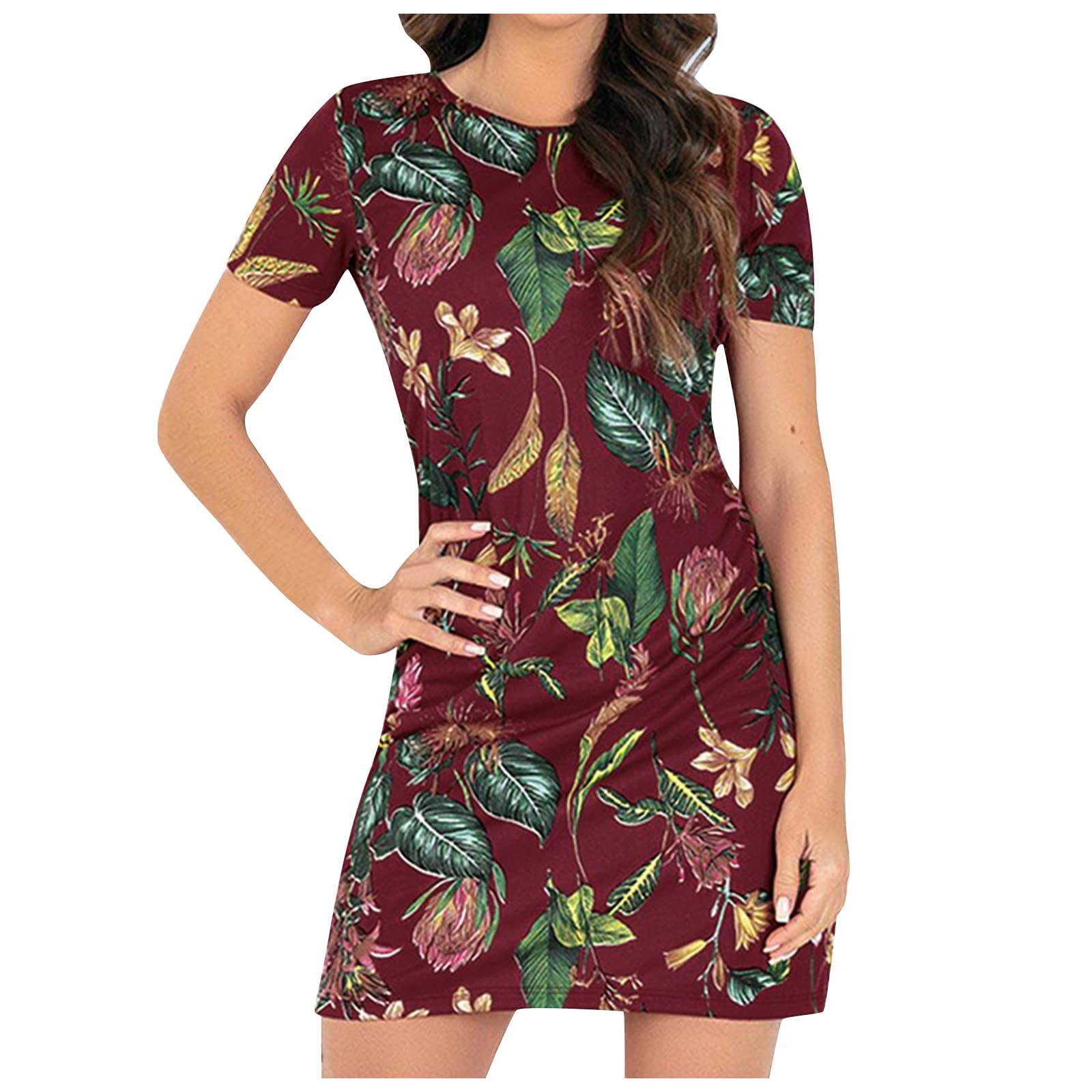 Zydvens Women's Floral Print T-Shirt Dress - Crew Neck Short Sleeve Summer Casual Slim Fit Mini Dress for Beach, Vacation & Everyday Wear
